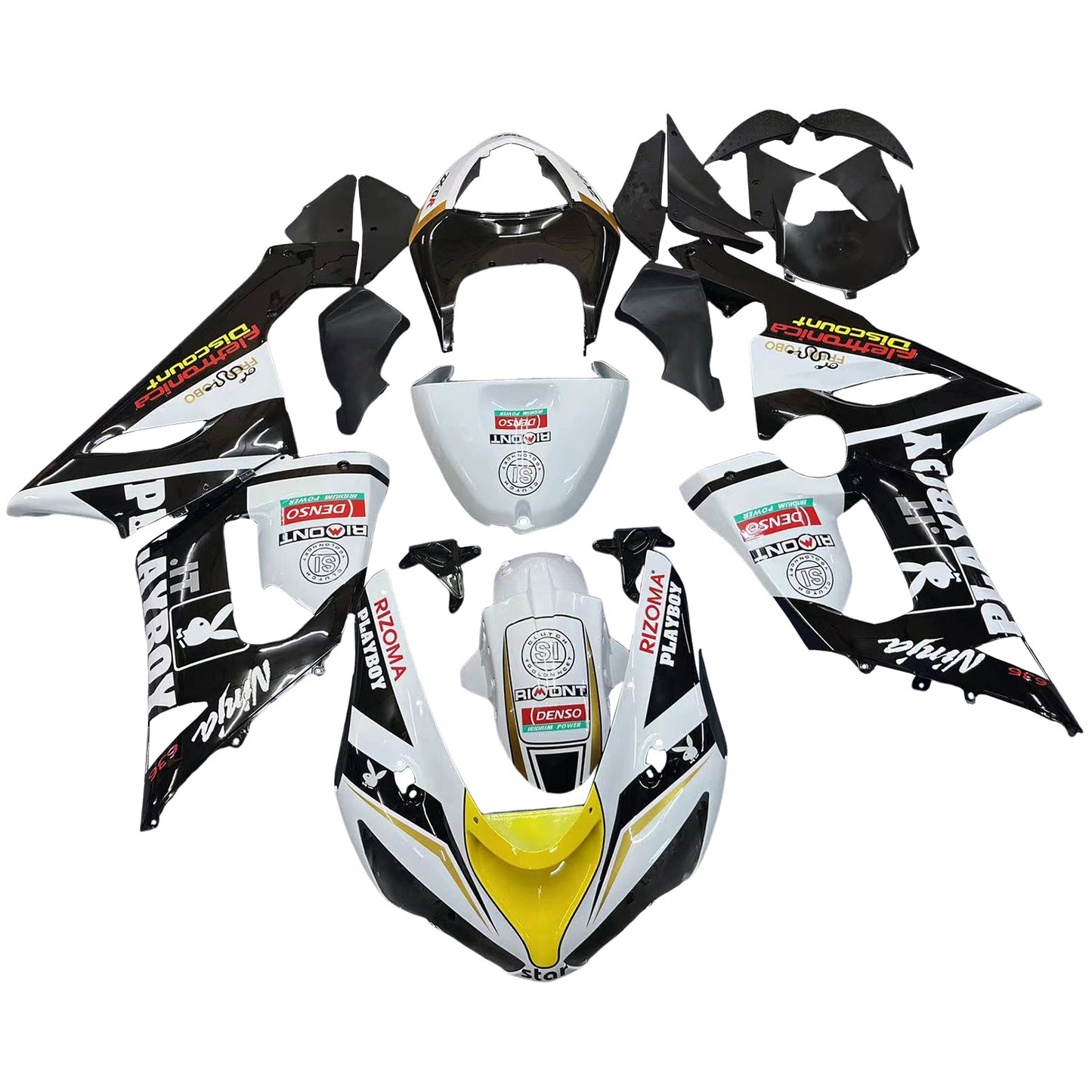 2005-2006 Kawasaki ZX6R 636 Amotopart Fairings Black White Yellow Playboy Racing Customs Fairing