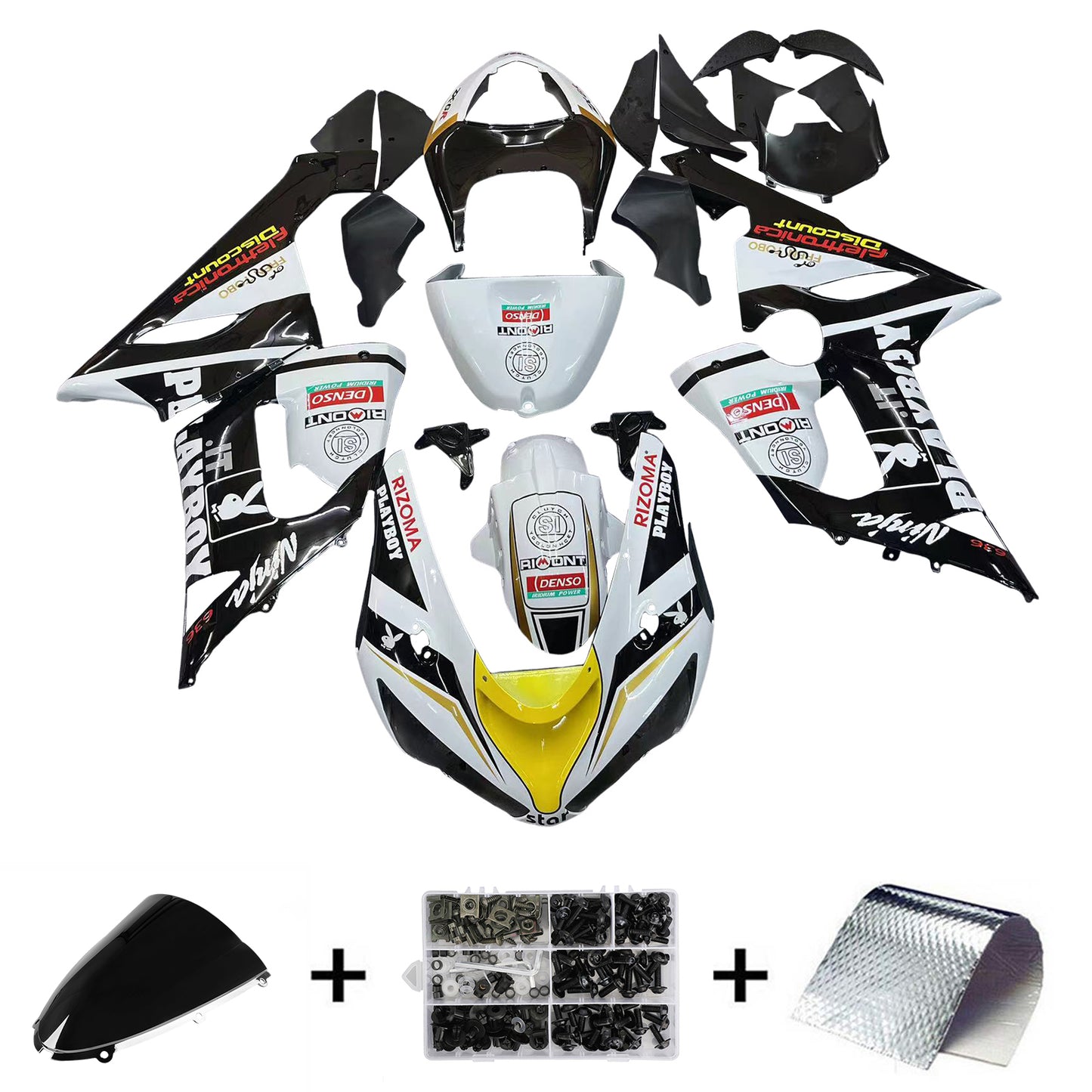 2005-2006 Kawasaki ZX6R 636 Amotopart Fairings Black White Yellow Playboy Racing Customs Fairing