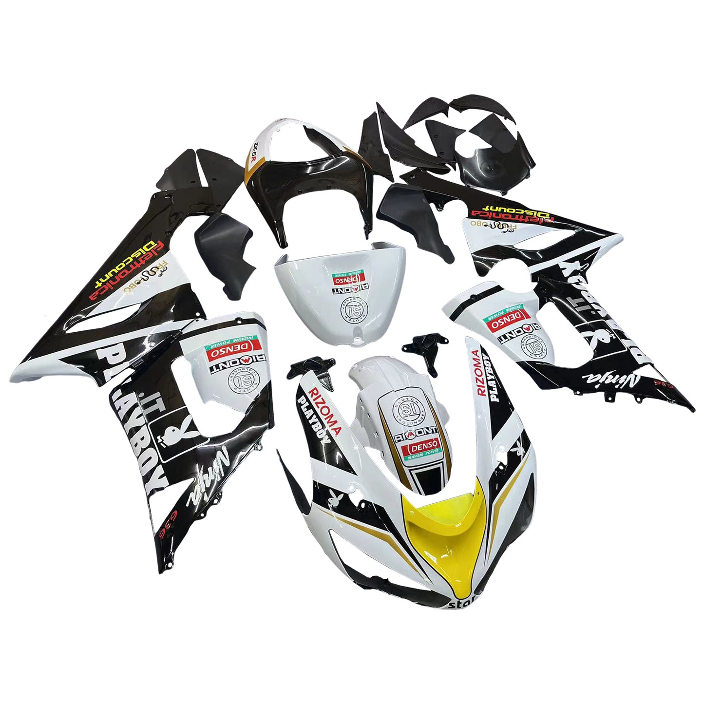 2005-2006 Kawasaki ZX6R 636 Amotopart Fairings Black White Yellow Playboy Racing Customs Fairing