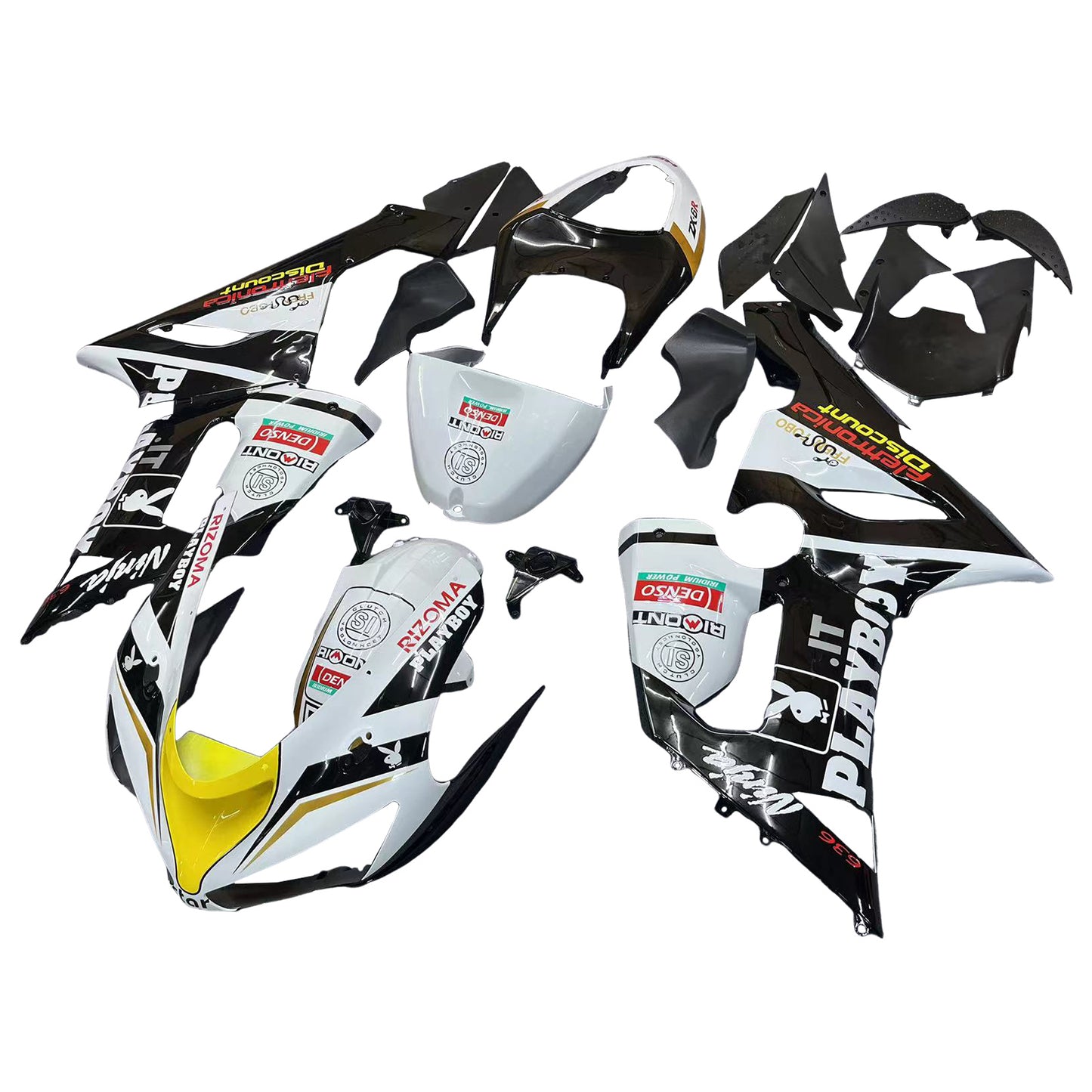 2005-2006 Kawasaki ZX6R 636 Amotopart Fairings Black White Yellow Playboy Racing Customs Fairing