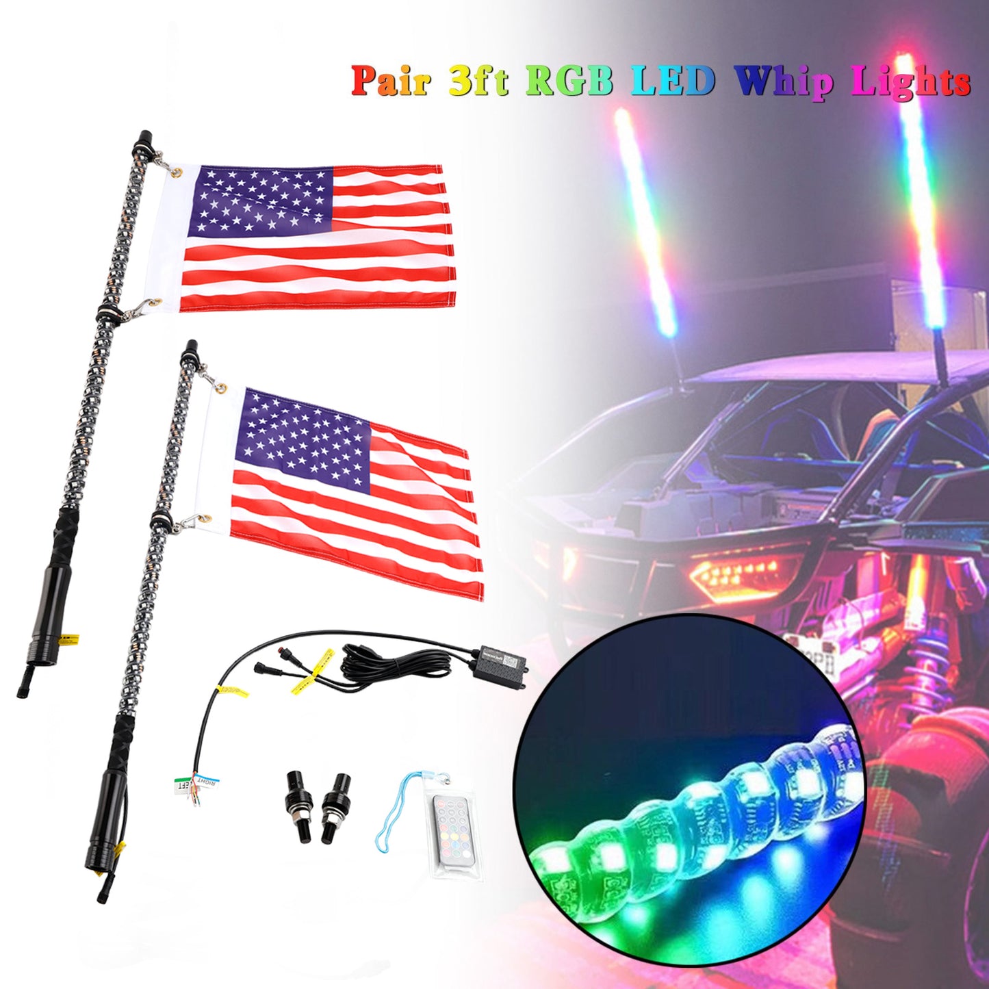 2X 3ft RGB LED Light Whip Antenna W/ Flag Remote Control For Polaris RZR UTV ATV