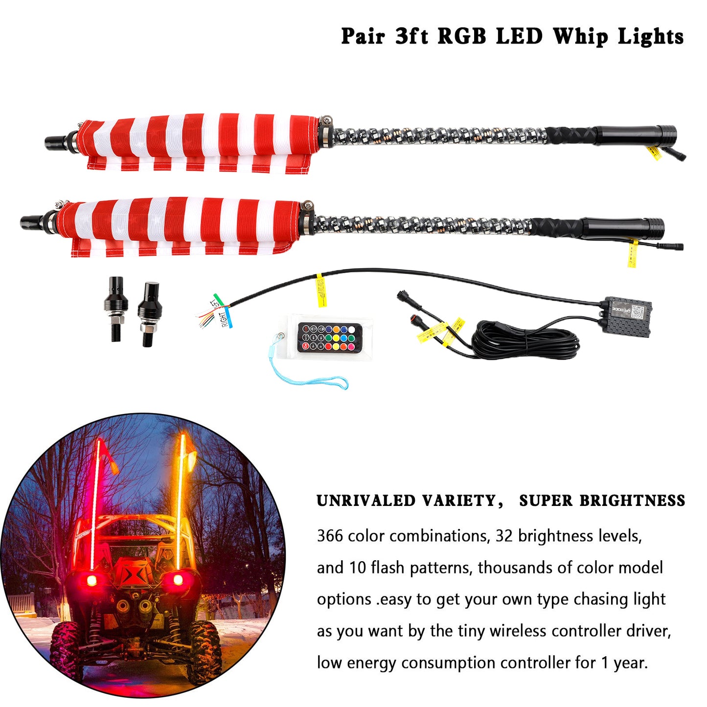 2X 3ft RGB LED Whip Lights Antenna W/ Flag Remote Control For Polaris RZR UTV ATV