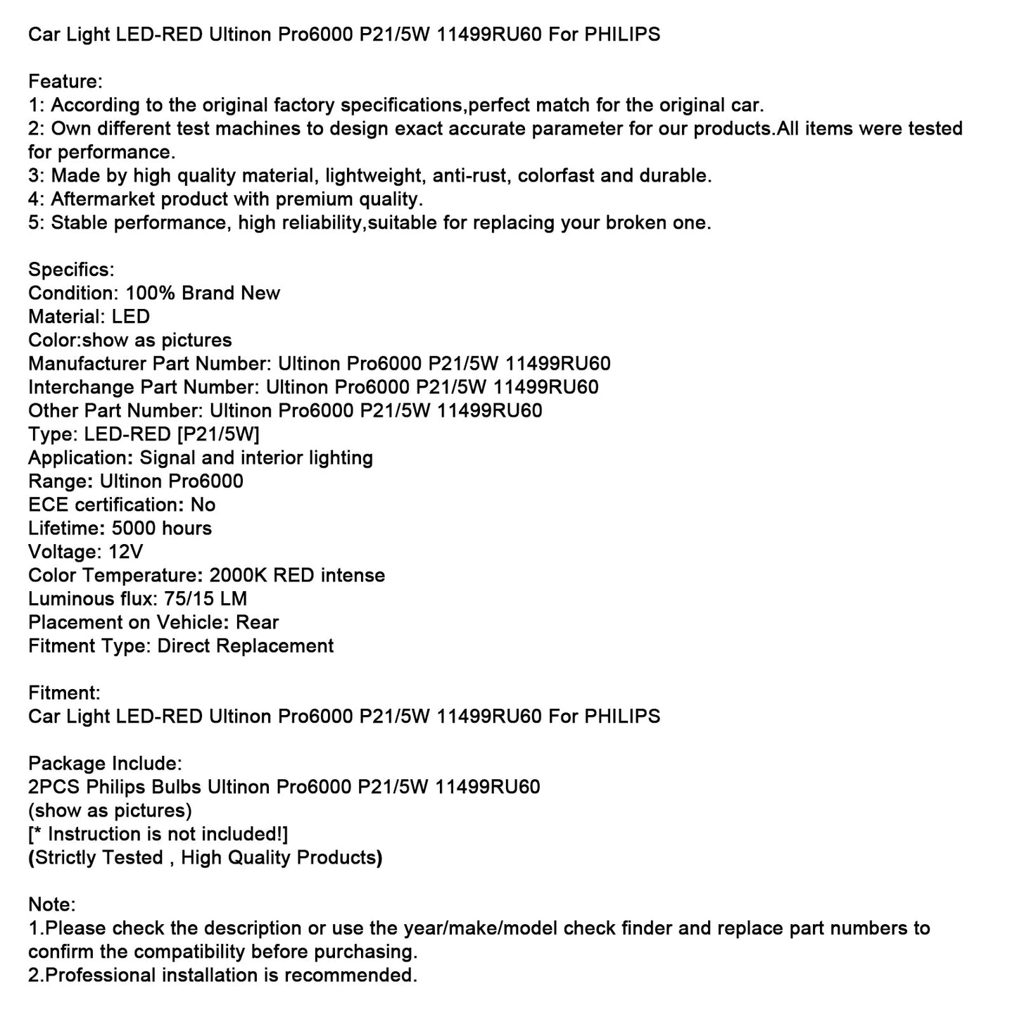 Car Light LED-RED Ultinon Pro6000 P21/5W 11499RU60 For PHILIPS