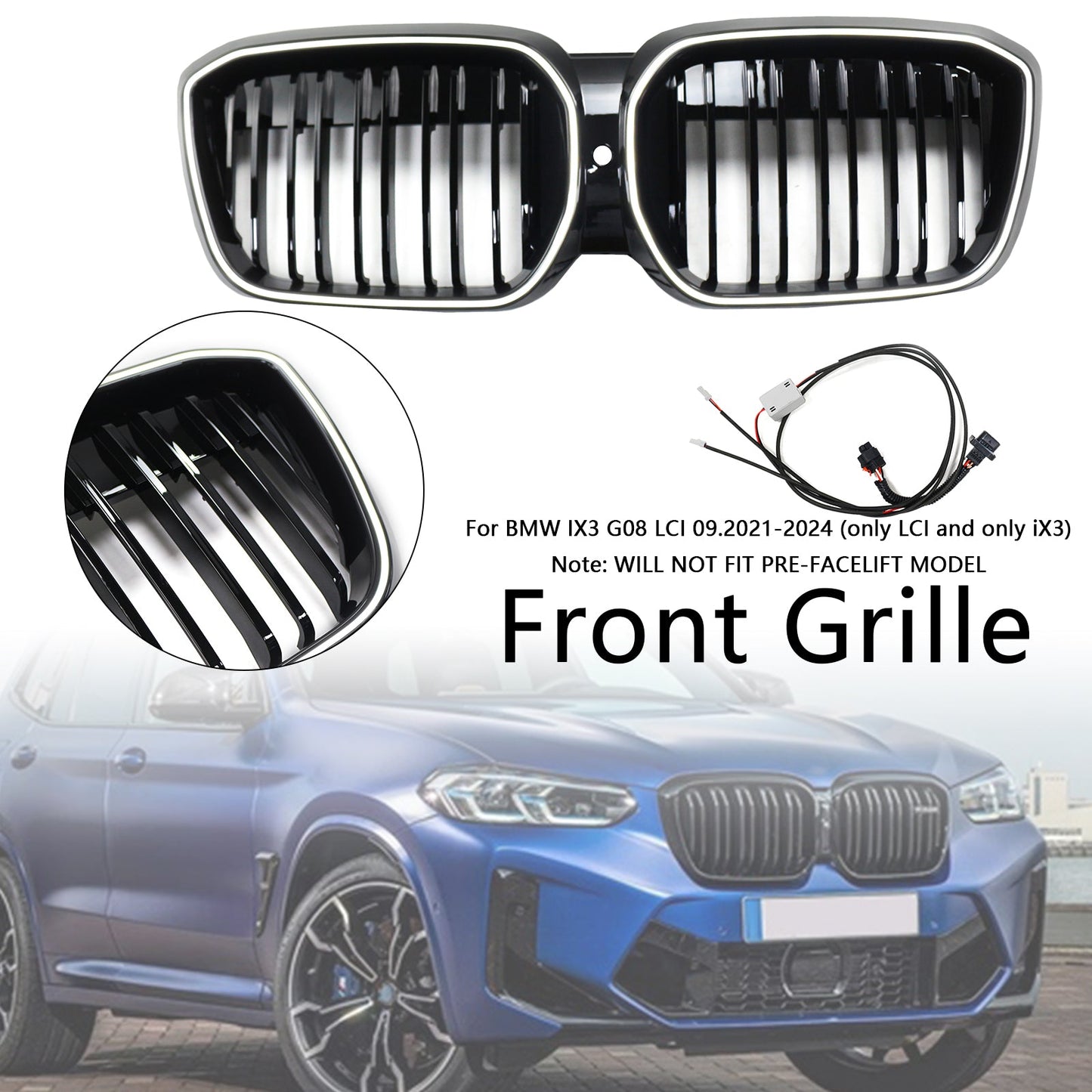 2022-2024 BMW IX3 G08 LCI Double Slat Black Front Kidney Grill Grille