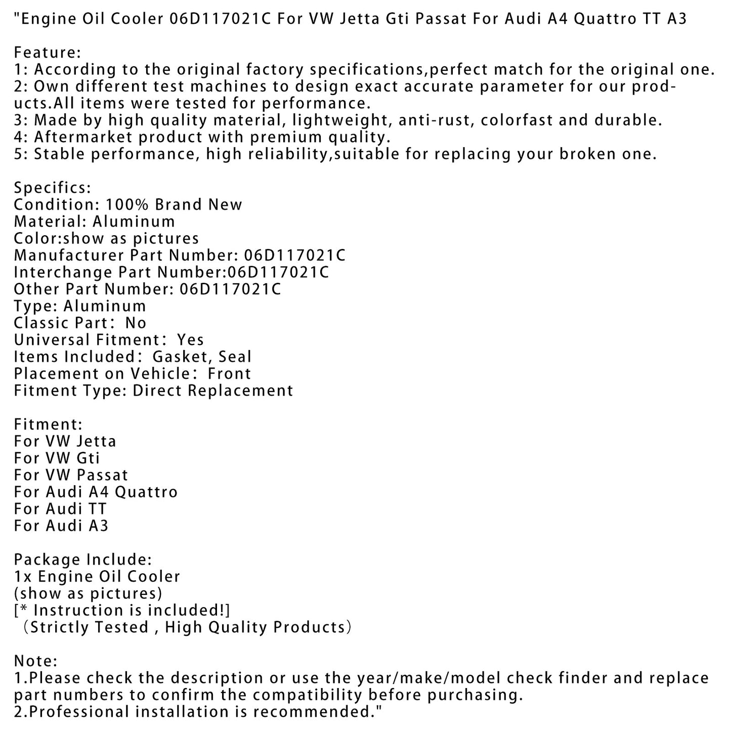 Engine Oil Cooler 06D117021C For VW Jetta Gti Passat For Audi A4 Quattro TT A3