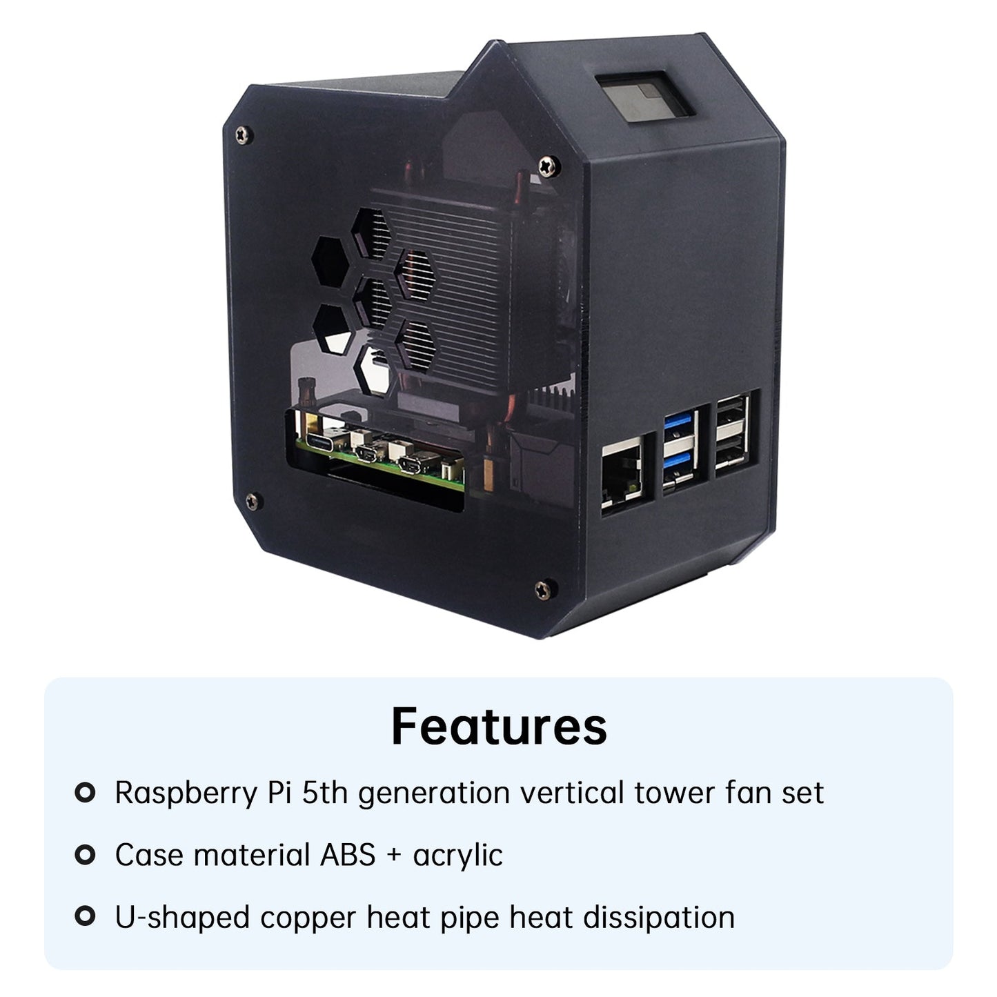 Raspberry Pi 5 Vertical Tower Fan Set with 0.96 inch OLED Screen Radiator Shell