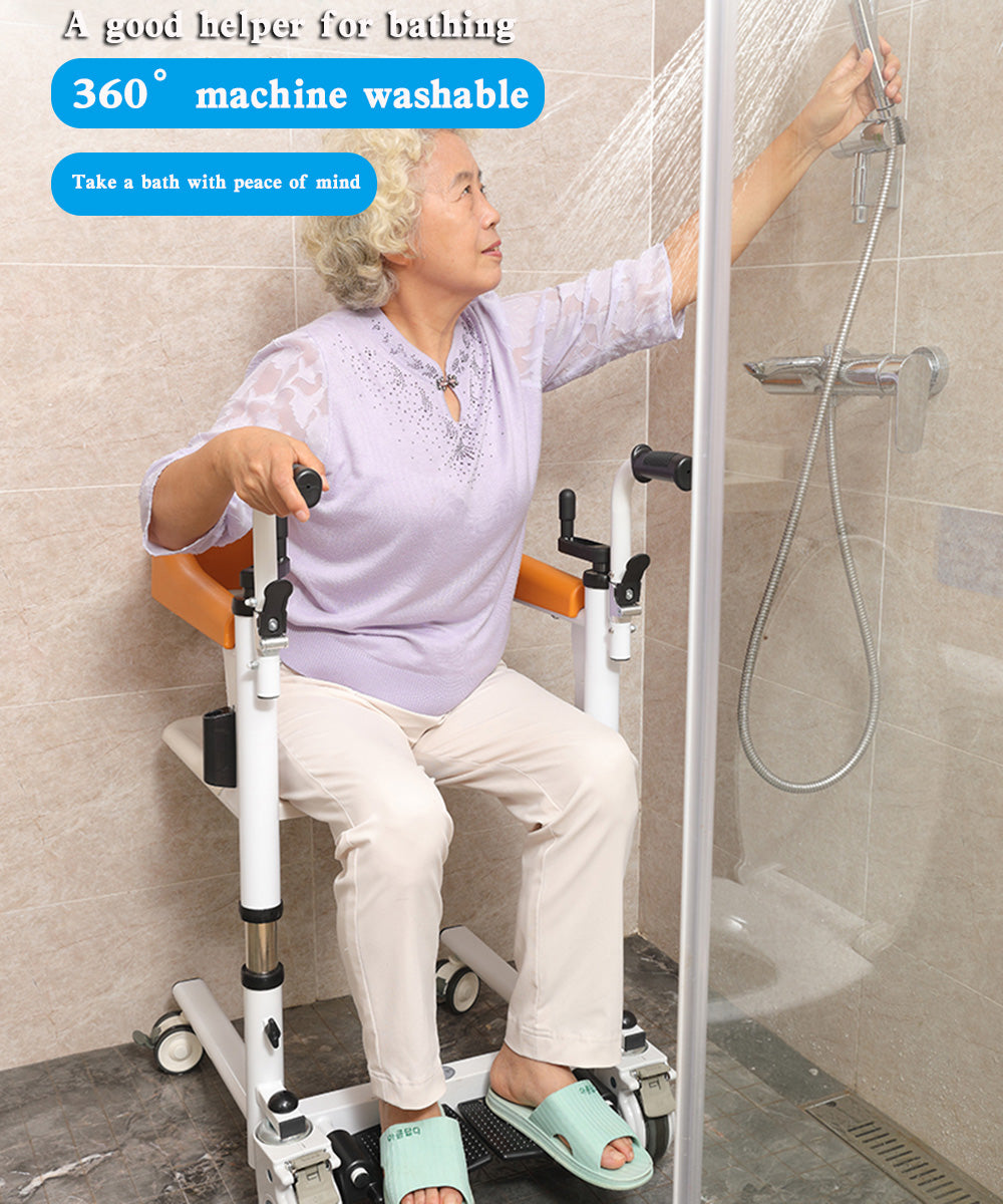 Elderly Patient Lift Wheelchair with 180 Degree Split Seat and Integrated Bedpan