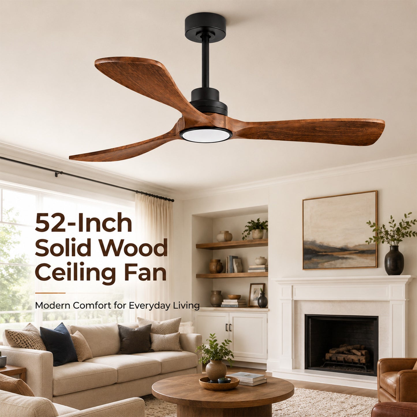 Remote/App 52" Smart Ceiling Fan with Light Solid Wood Blades Ultra Quiet