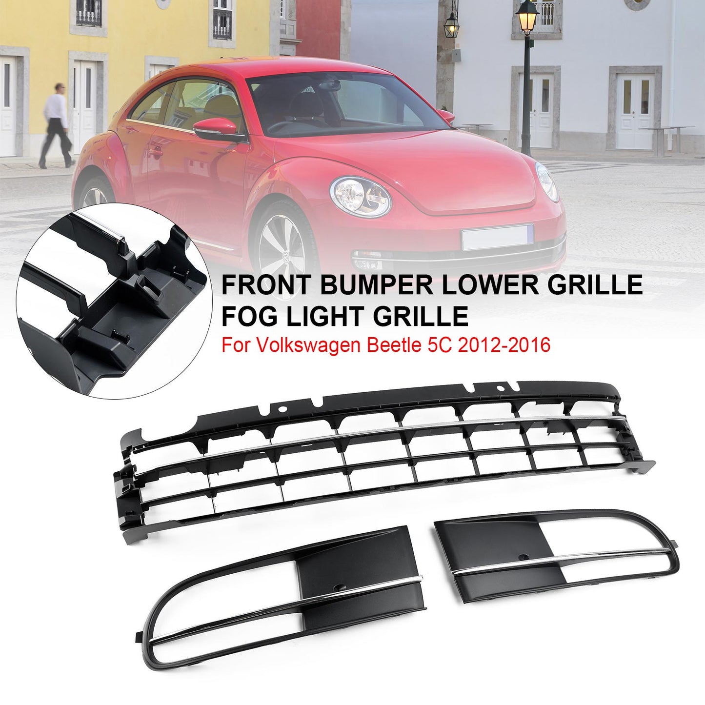 2012-2016 VW Beetle W/ Front Bumper Lower Grille + Fog Light Grill Chrome