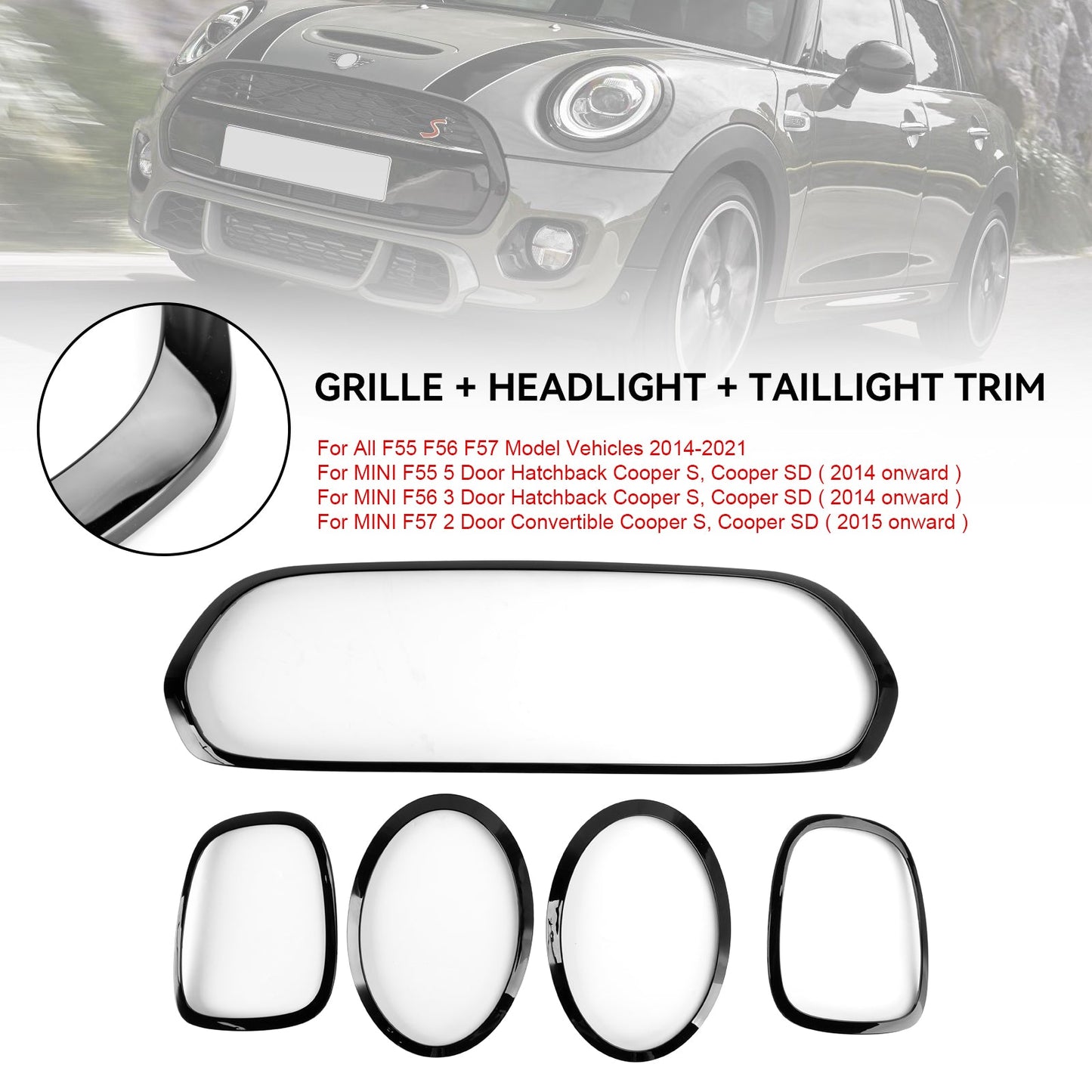 2014-2021 Mini Cooper F55 F56 F57 Black Grill + Headlight + Taillight Trim