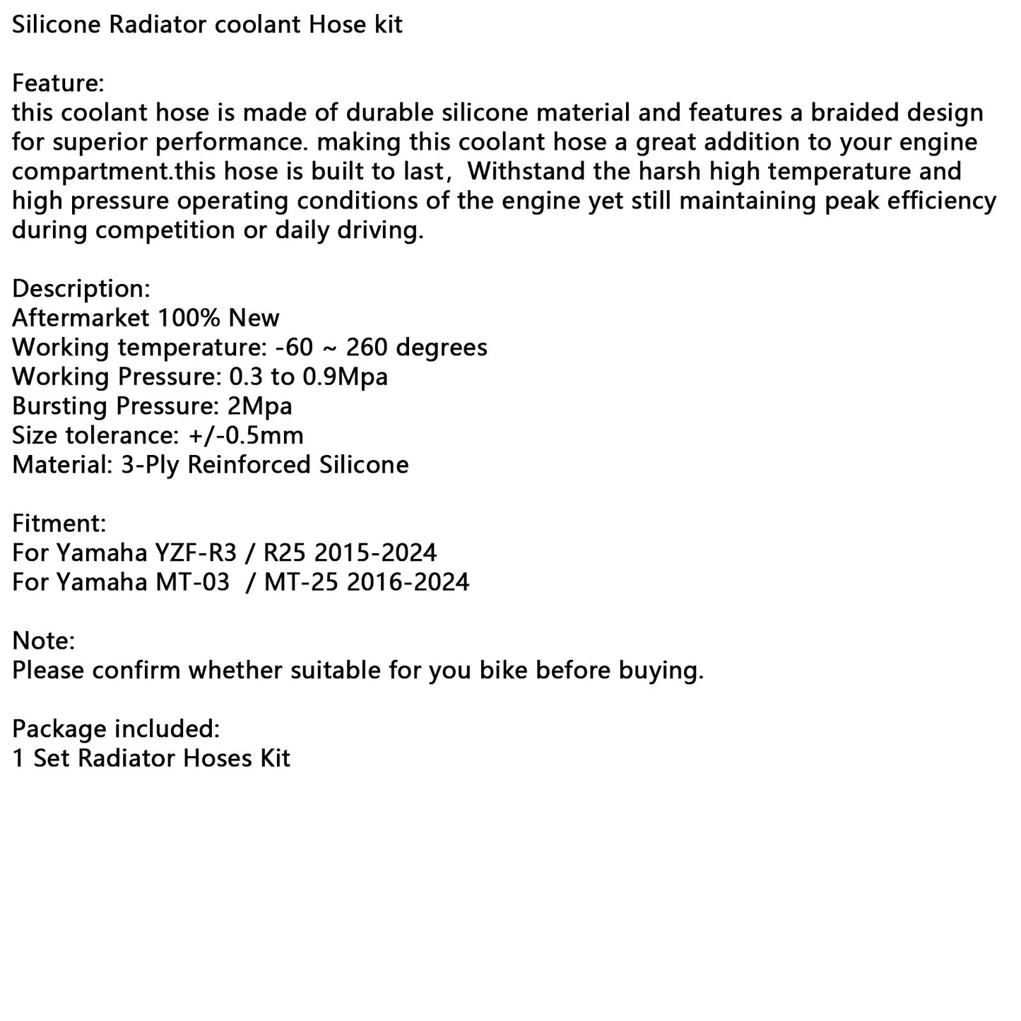 2015-2024 Yamaha MT-03 MT-25 YZF R3 R25 Silicone Radiator coolant Hose