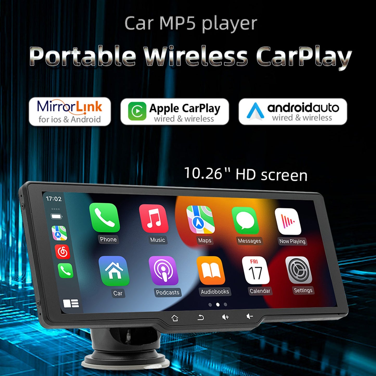 10.26" Screen Portable Wireless Carplay Car Bluetooth MP5 Player + 4 LED Camera