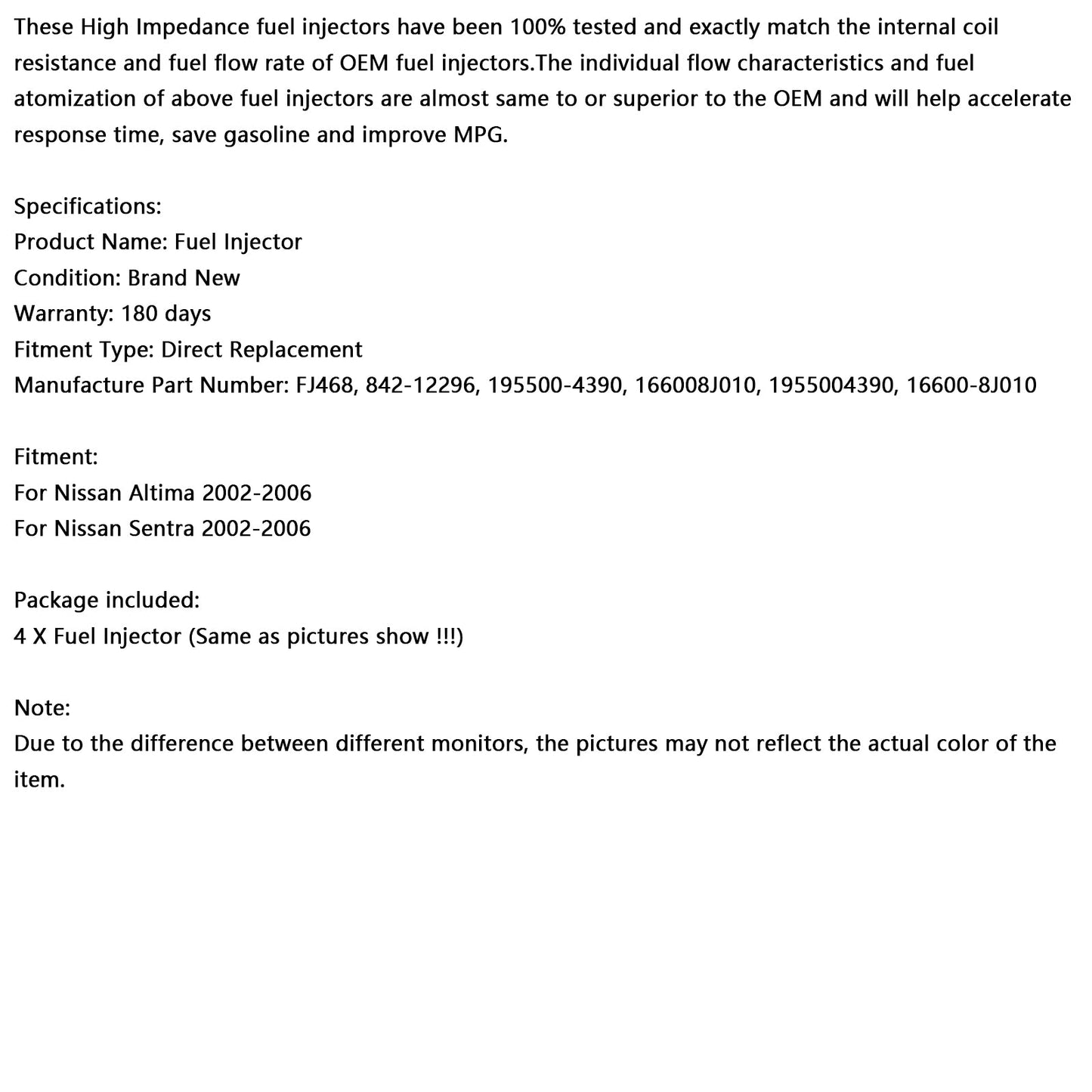 2002-2006 Nissan Altima Sentra 2.5L 4PCS Fuel Injector 195500-4390