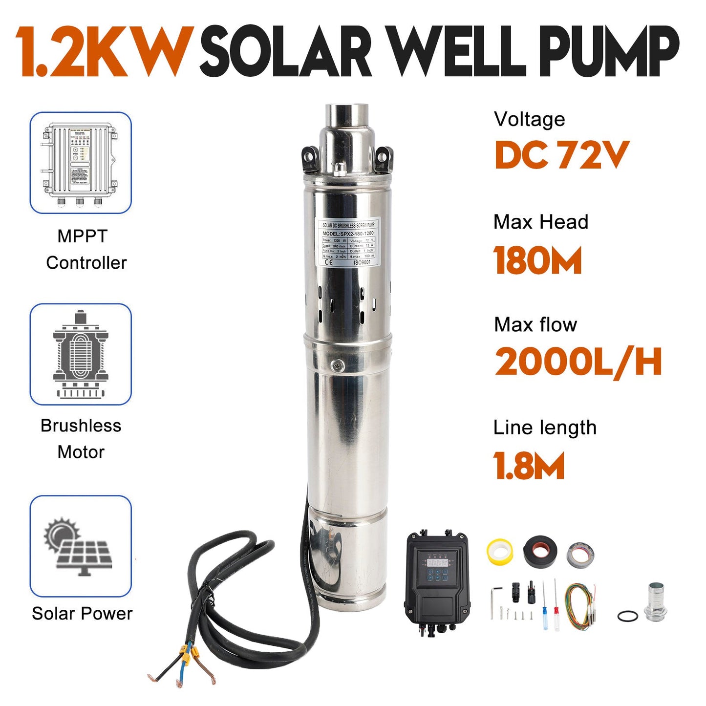 3" 72V 1.2KW Deep Well Solar Submersible Bore Hole Water Pump Head 180M