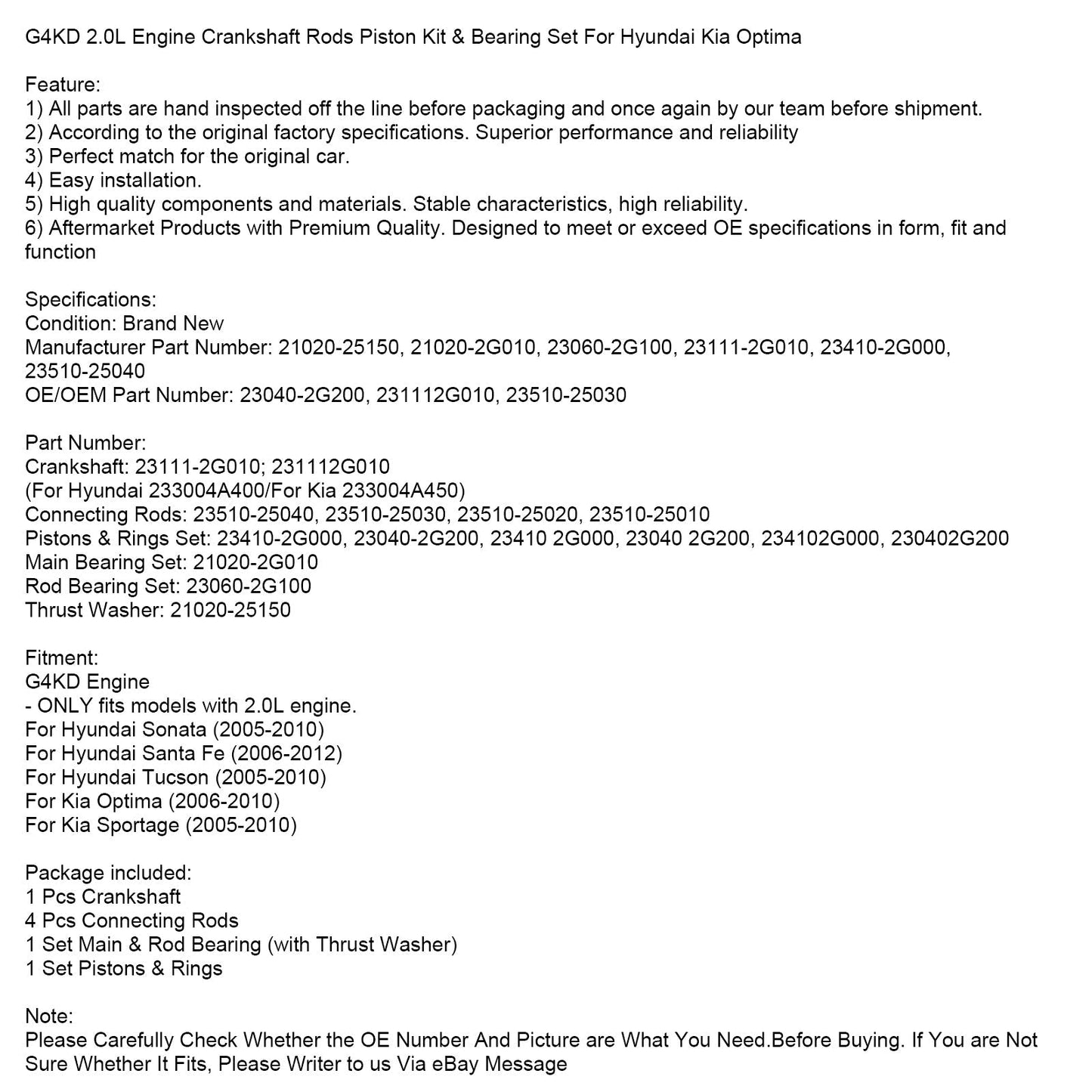 2005-2010 Hyundai Sonata G4KD 2.0L Engine Crankshaft Rods Piston Kit & Bearing Set