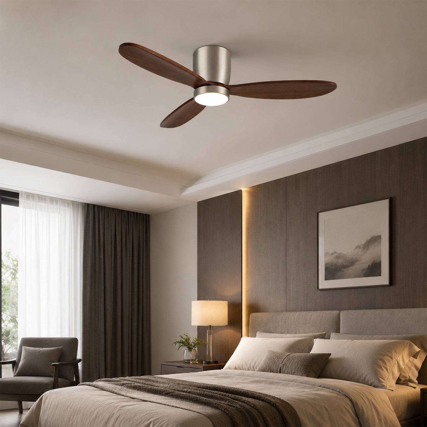 52" Flush Mount Ceiling Fan with Light APP & Remote Control Solid Wood Blades