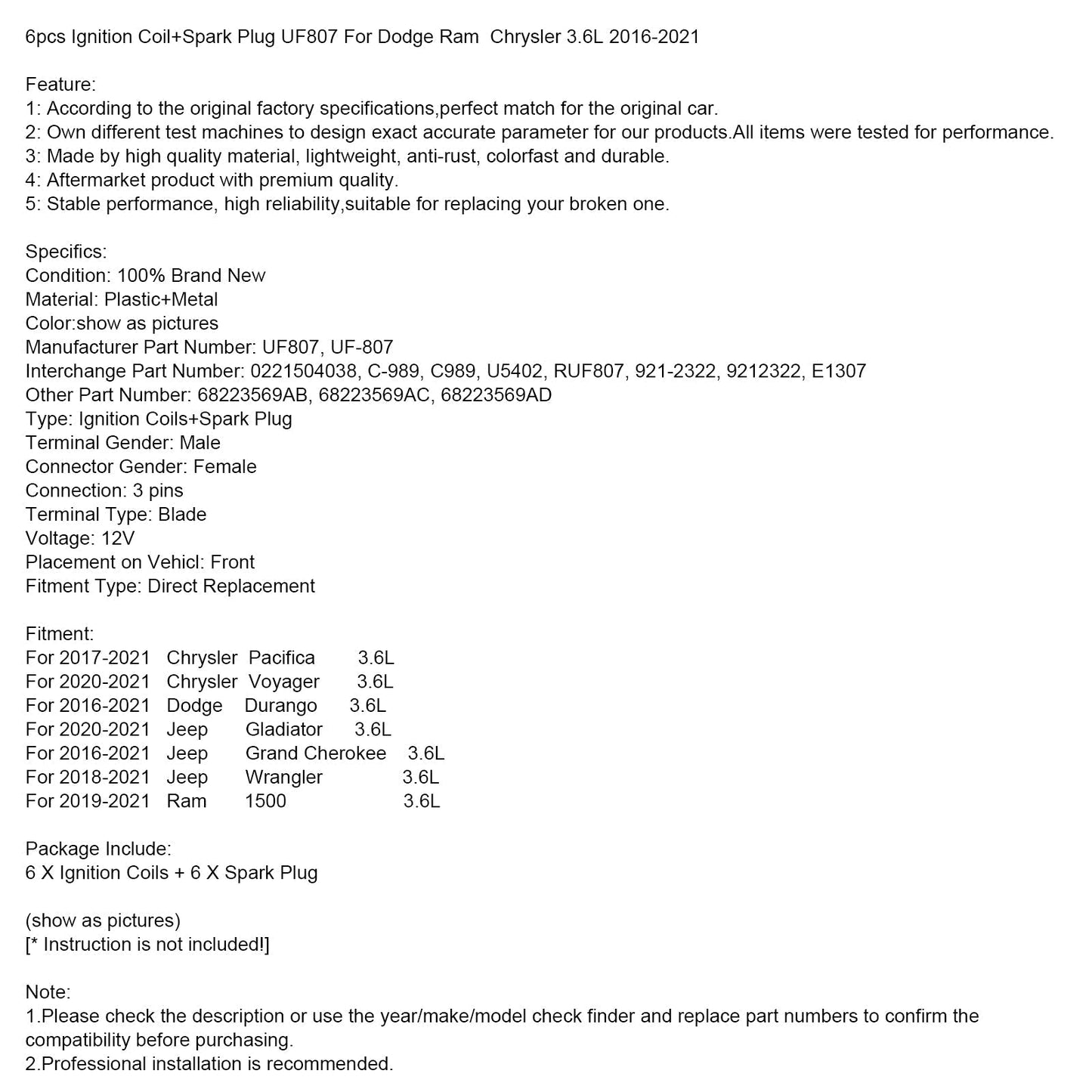 2016-2021 Dodge Durango 3.6L 6pcs Ignition Coil+Spark Plug UF807 0221504038 68223569AB