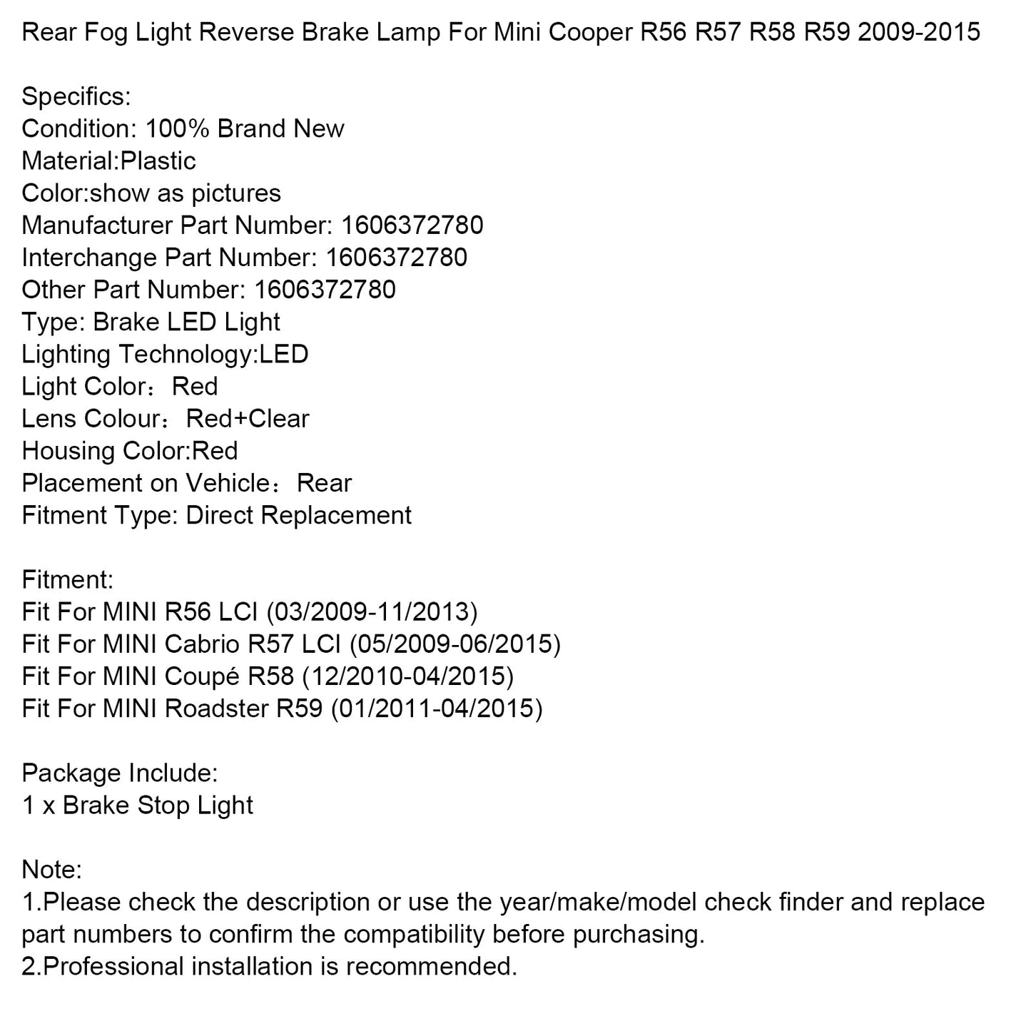 Rear Fog Light Reverse Brake Lamp For Mini Cooper R56 R57 R58 R59 2009-2015