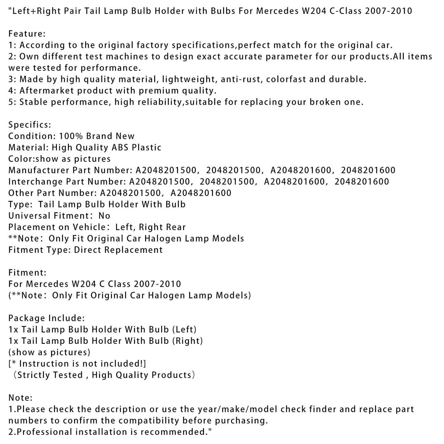 2007-2010 Mercedes W204 C-Class Left+Right Tail Lamp Bulb Holder with Bulbs
