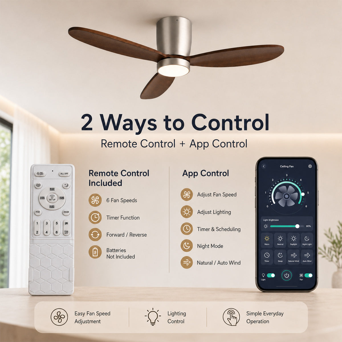 52" Flush Mount Ceiling Fan with Light APP & Remote Control Solid Wood Blades