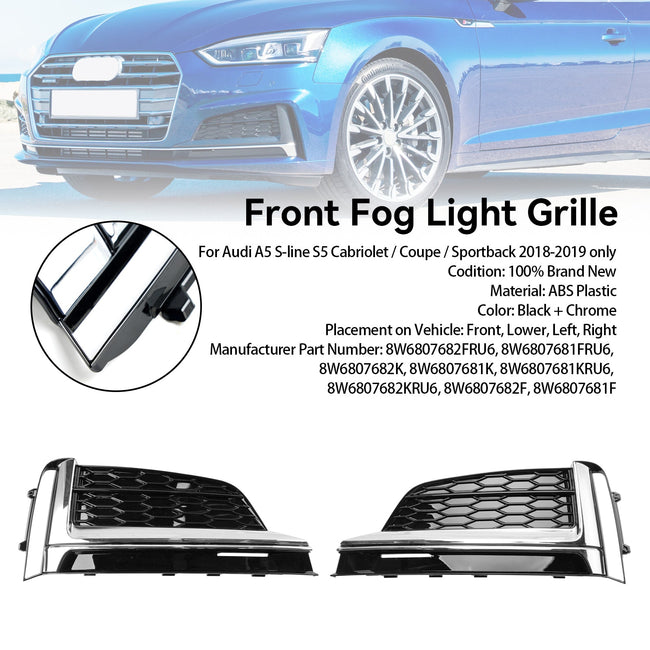 2PCS Front Bumper Fog Light Grille Cover Trim Fit Audi S5 A5 S-Line 2018-2019