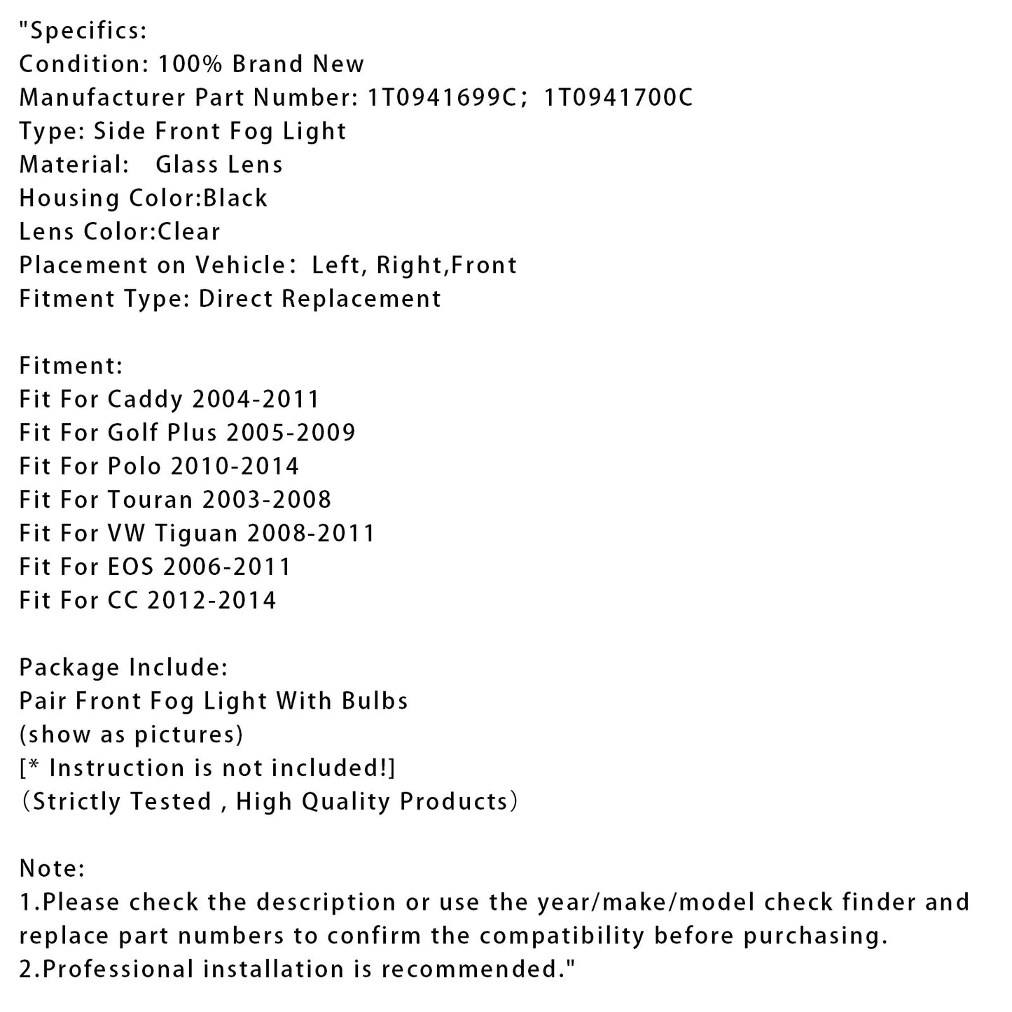 Pair Front Fog Light For Volkswagen Caddy 2004-2011 Touran 2003-2008