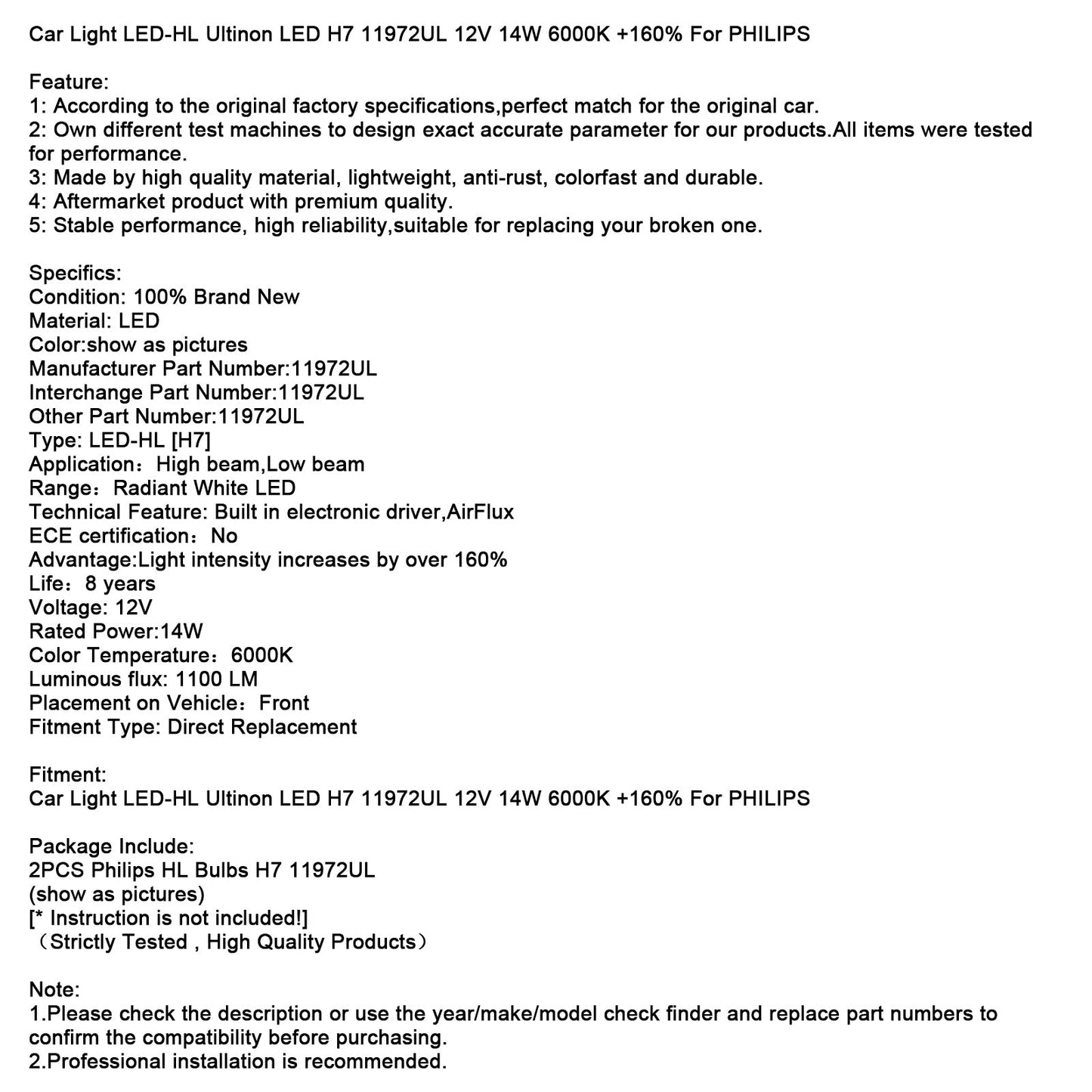 Car Light LED-HL Ultinon LED H7 11972UL 12V 14W 6000K +160% For PHILIPS