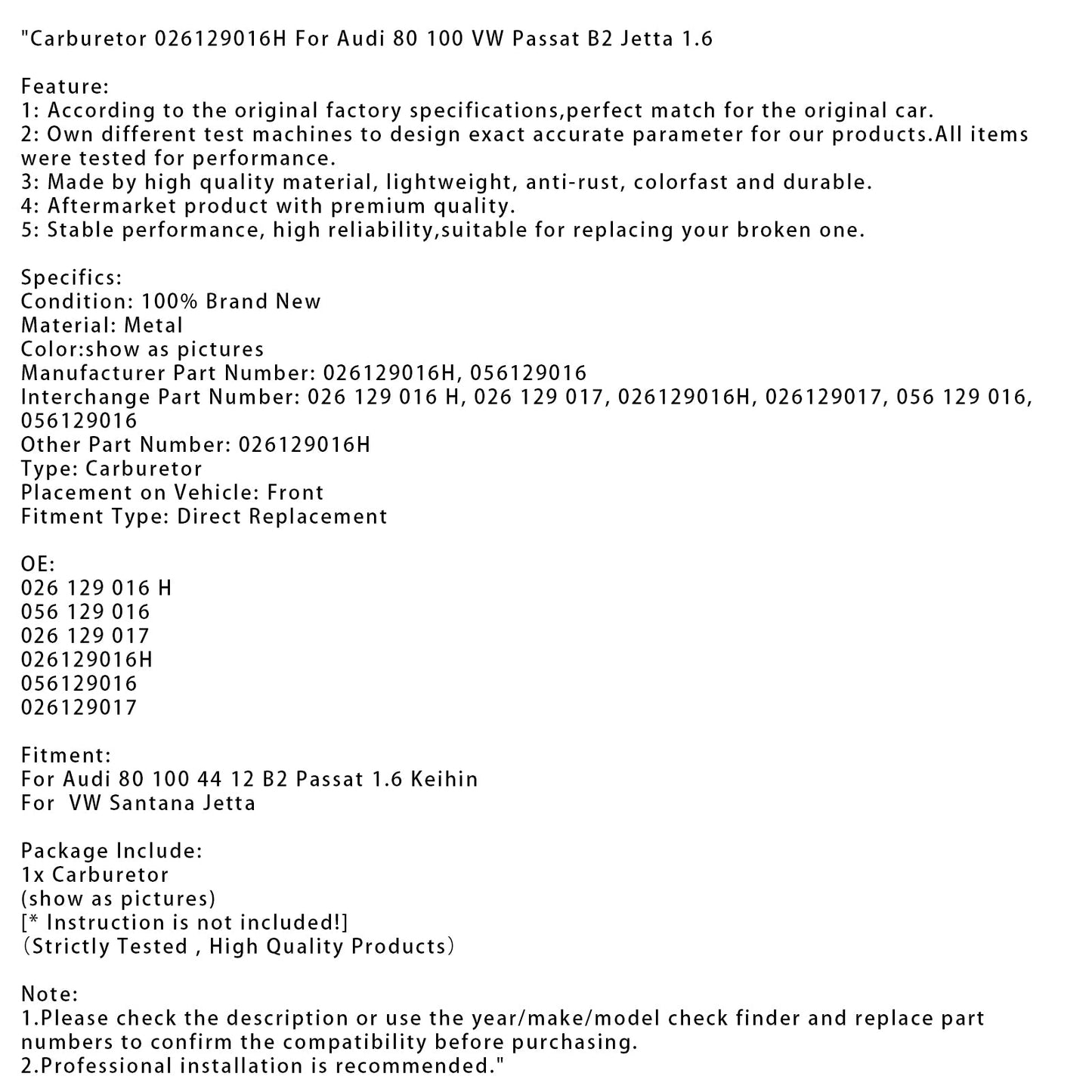 Audi 80 100 VW Passat B2 Jetta 1.6 Carburetor 026129016H