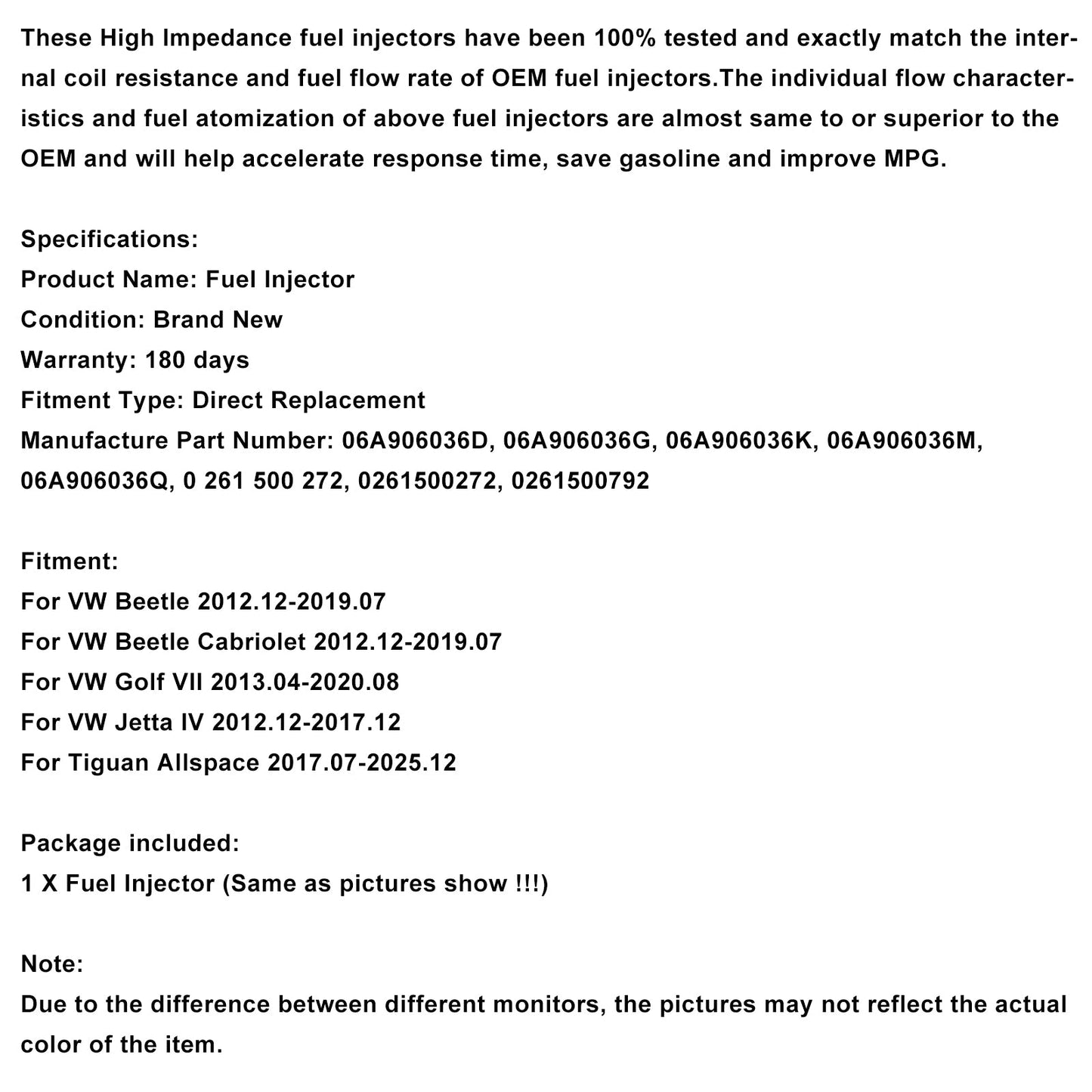 1PCS Fuel Injector 0261500792 Fit VW Beetle Golf Jetta Tiguan 2.0L 06A906036Q