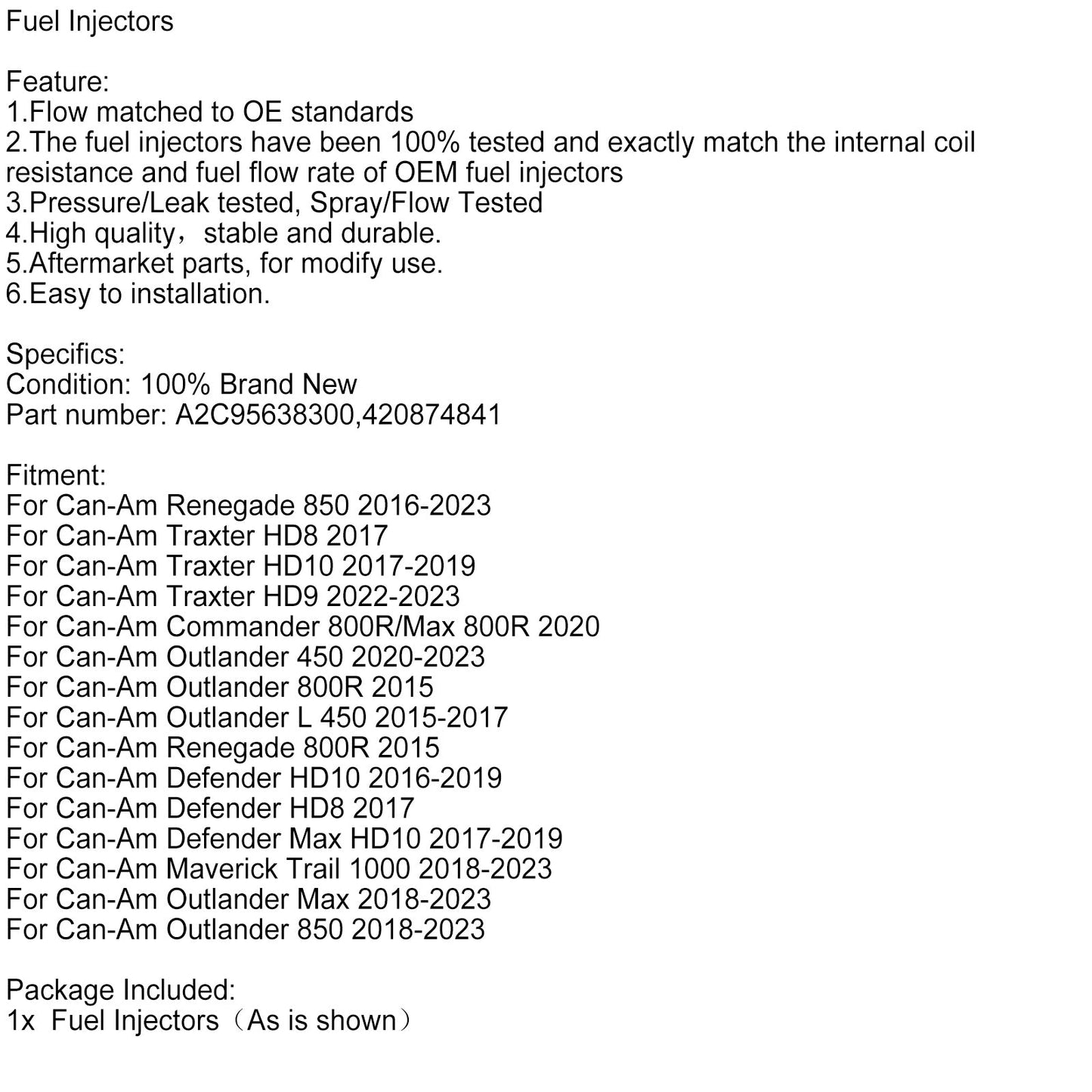 A2C95638300 Fuel Injectors Fit Can-Am Outlander 450 Renegade 850