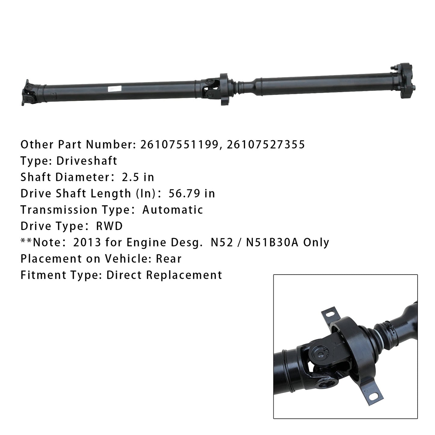2006 BMW 325i E90 L6&2.5L Rear Auto&Trans Rear Drive Shaft Assembly 26107551199 26107551199