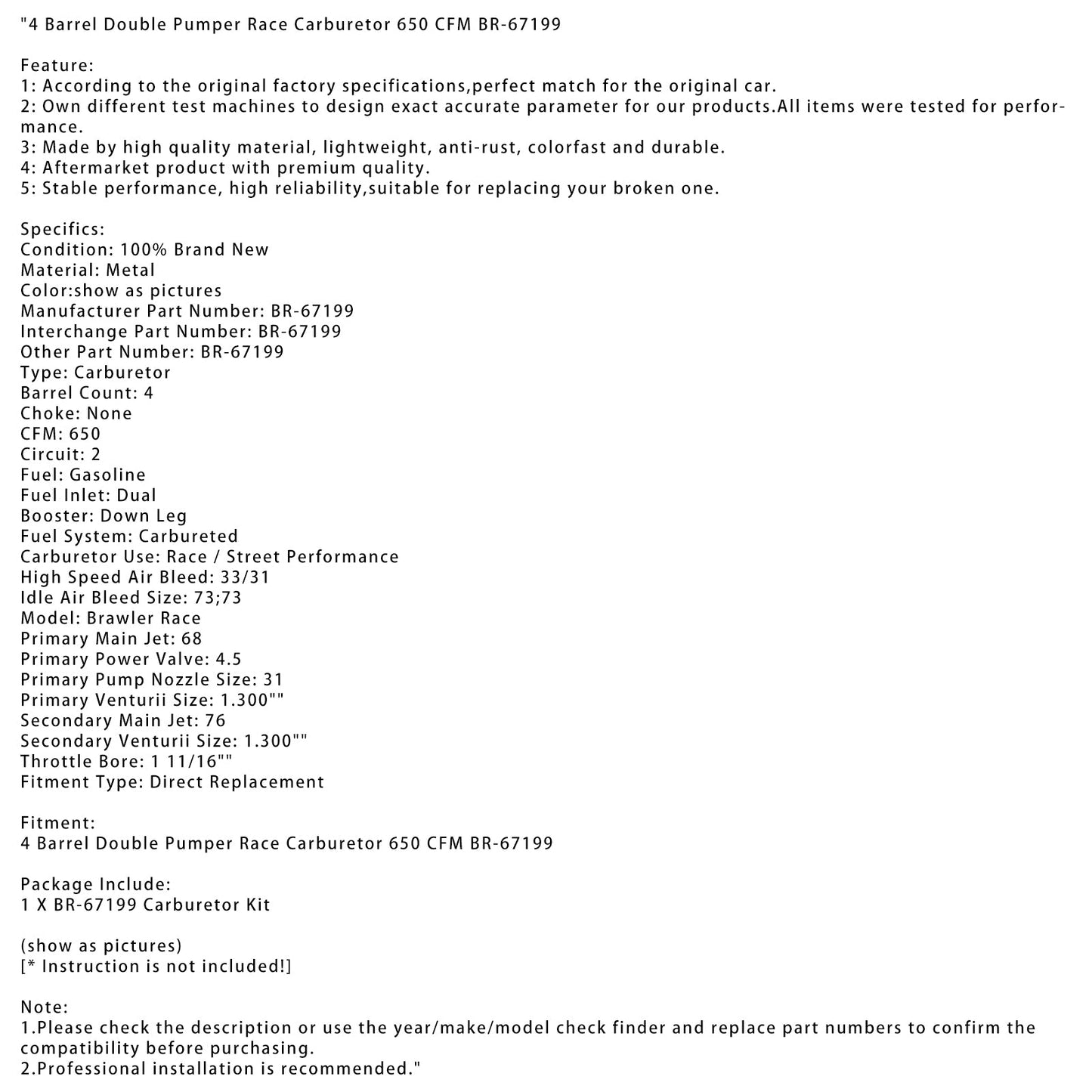 4 Barrel Double Pumper Race Carburetor 650 CFM BR-67199