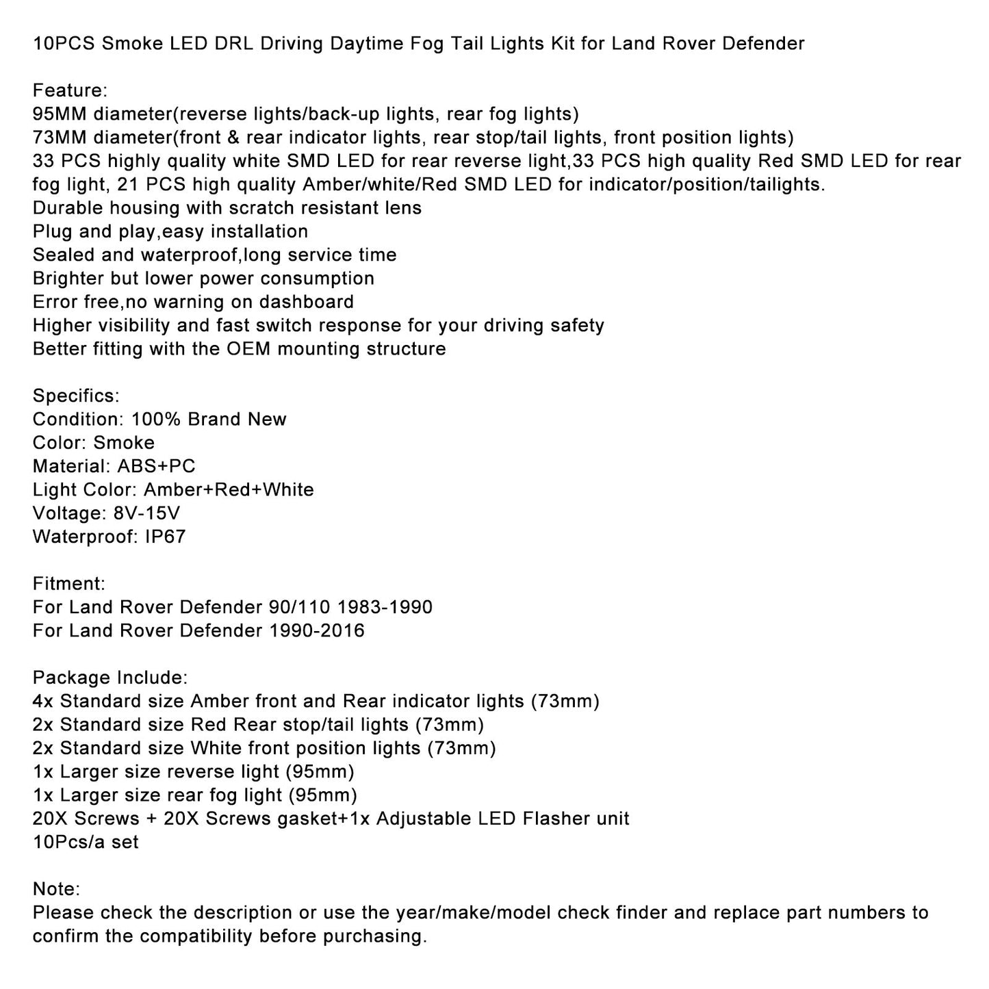 1983-1990 Land Rover Defender 90/110 Smoke LED DRL Driving Daytime Fog Tail Lights Kit 10PCS