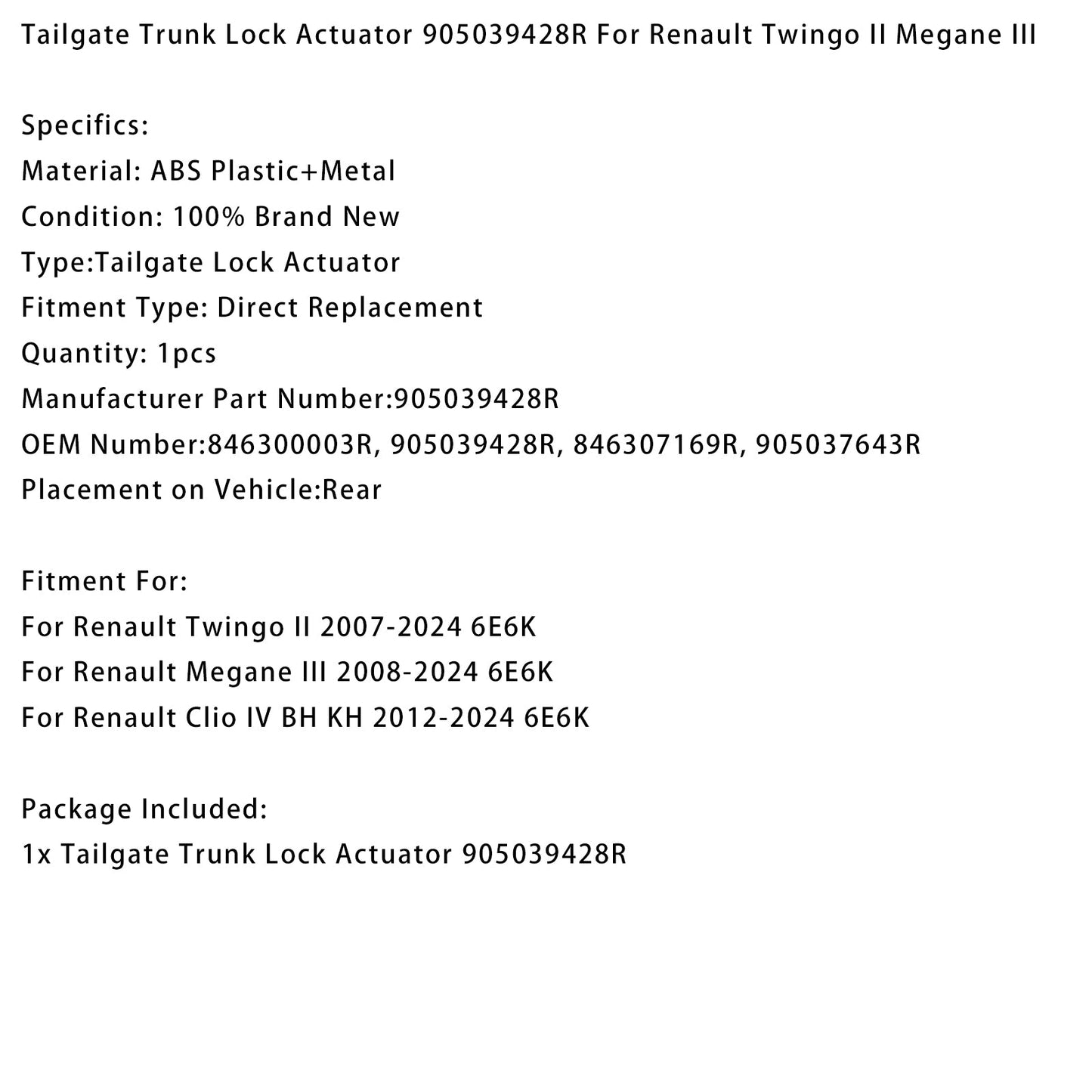 Tailgate Trunk Lock Actuator 905039428R For Renault Twingo II Megane III