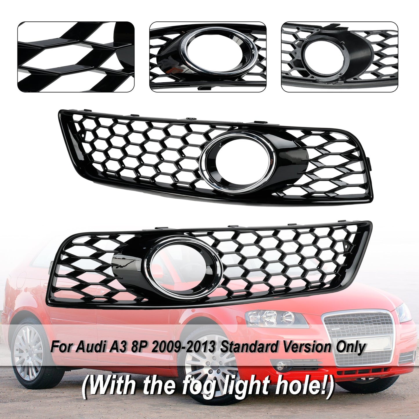 2009-2013 Audi A3 8P Honeycomb Bumper Front Fog Light Grille Grill Cover