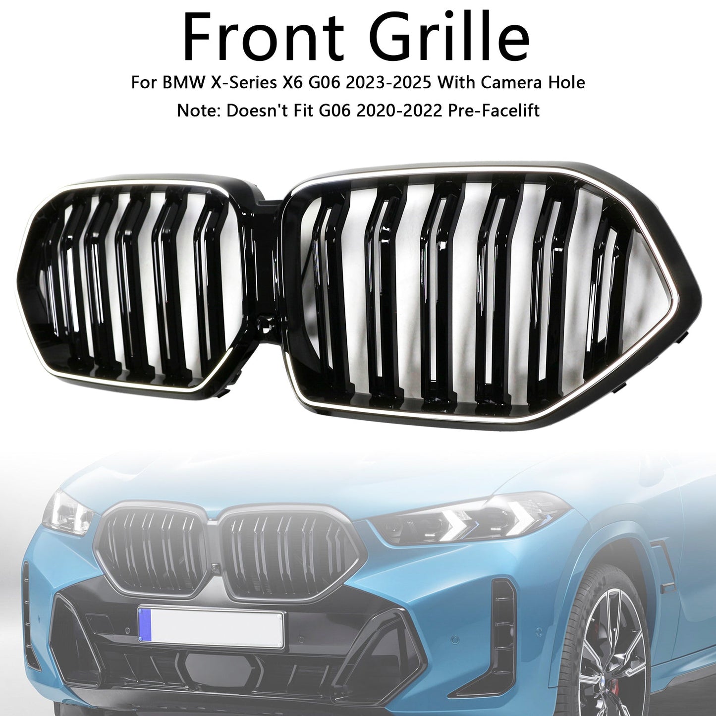 2023-2025 BMW X6 G06 M60i W/Camera Hole Double Slat Front Bumper Grille