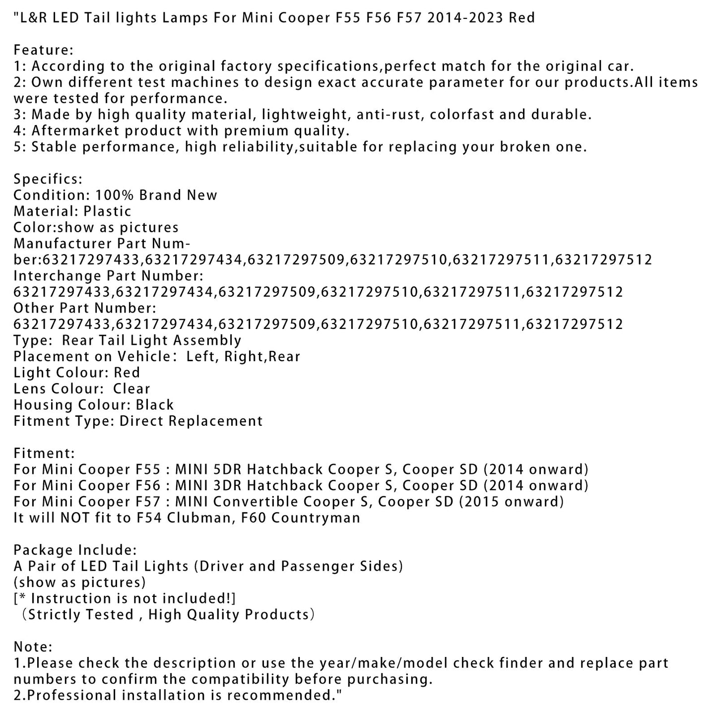 2014 onward Mini Cooper F55 MINI 5DR Hatchback Cooper S, Cooper SD L&R LED Tail lights Lamps 3217297433 6321729743