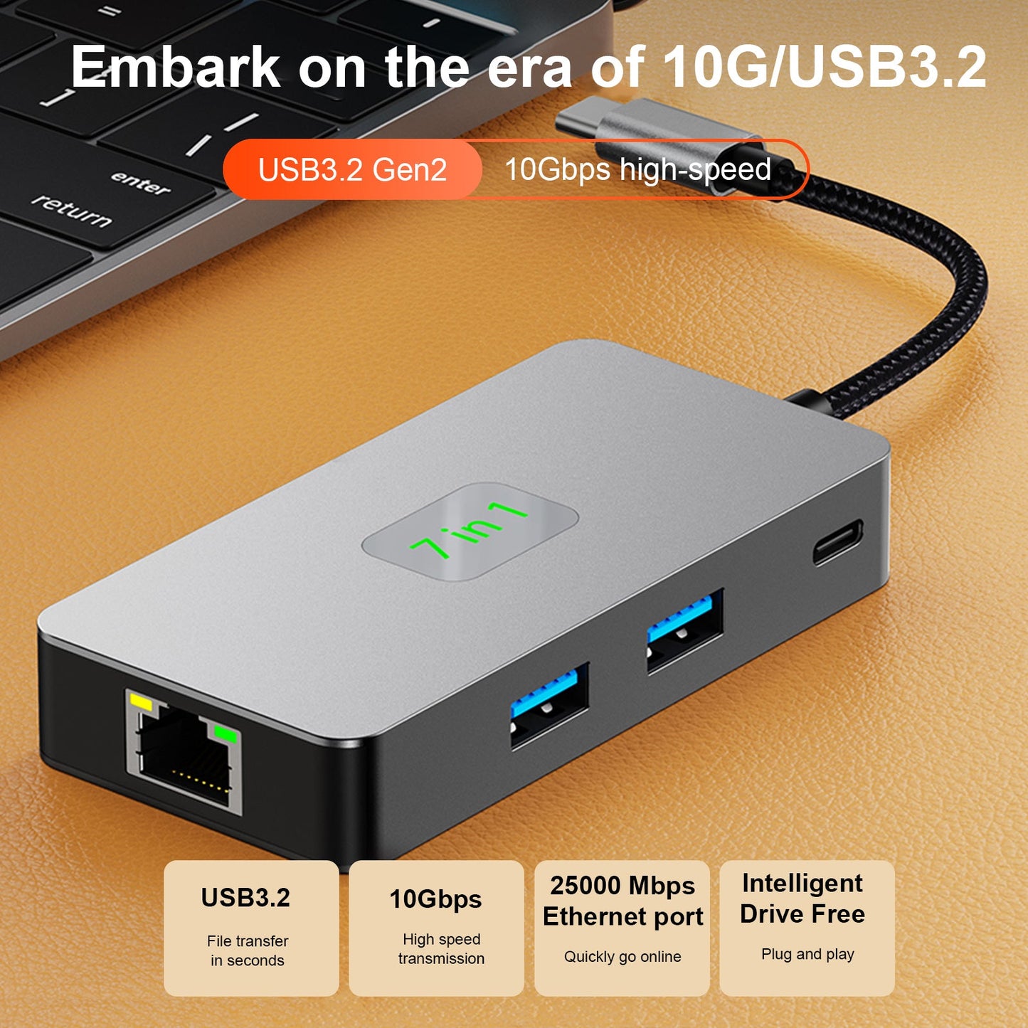 7 in 1 TYPE-CtoRJ45 2.5G 10G USB3.2 HDMI PD100W SD TF Interface Hub Adapter Dock