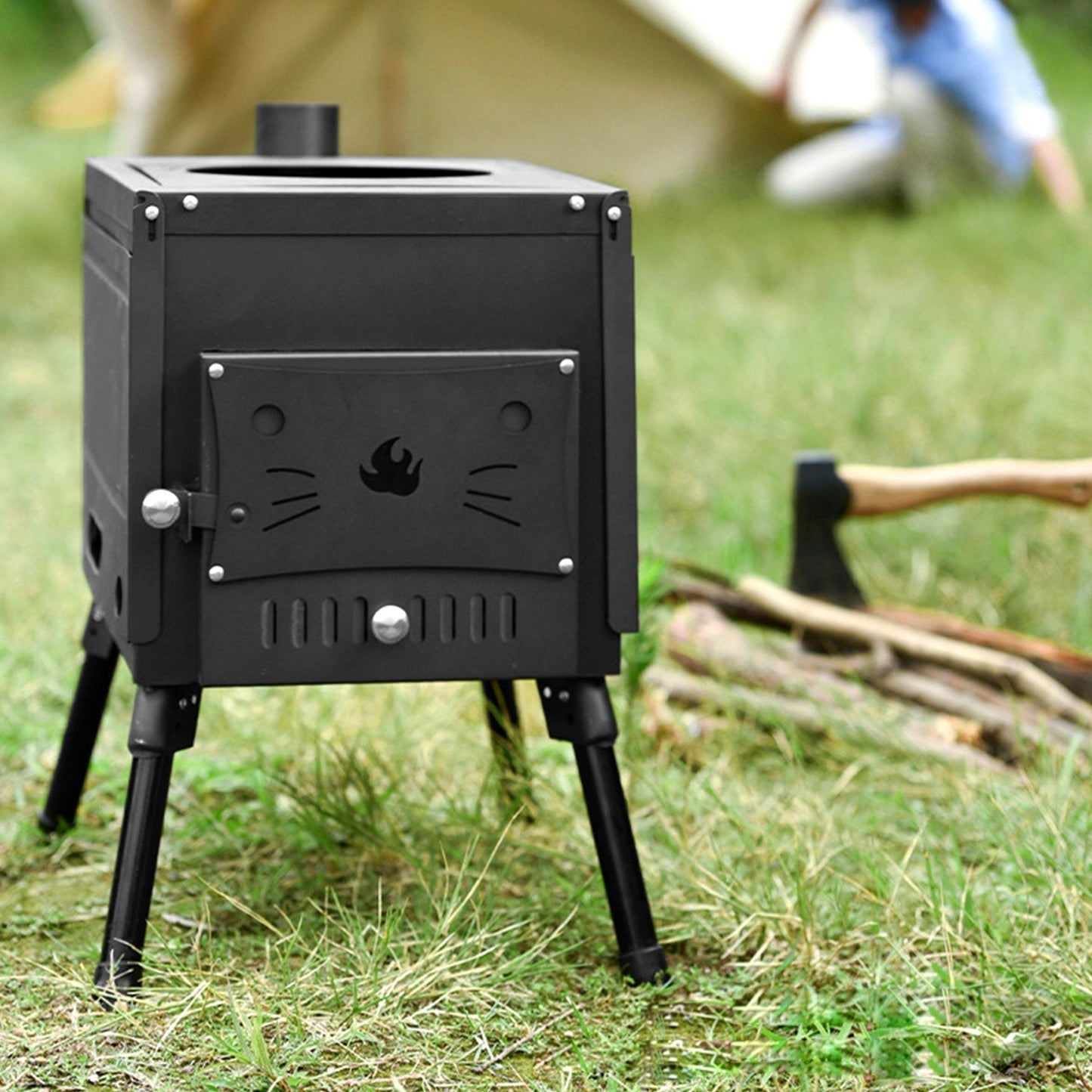 Outdoor Portable Camping Wood Stove Picnic Cook Folding Heating Wood Burning Camping Wood Stove with Retractable Legs Large Capacity & Foldable & Easy to Carry & Shelves