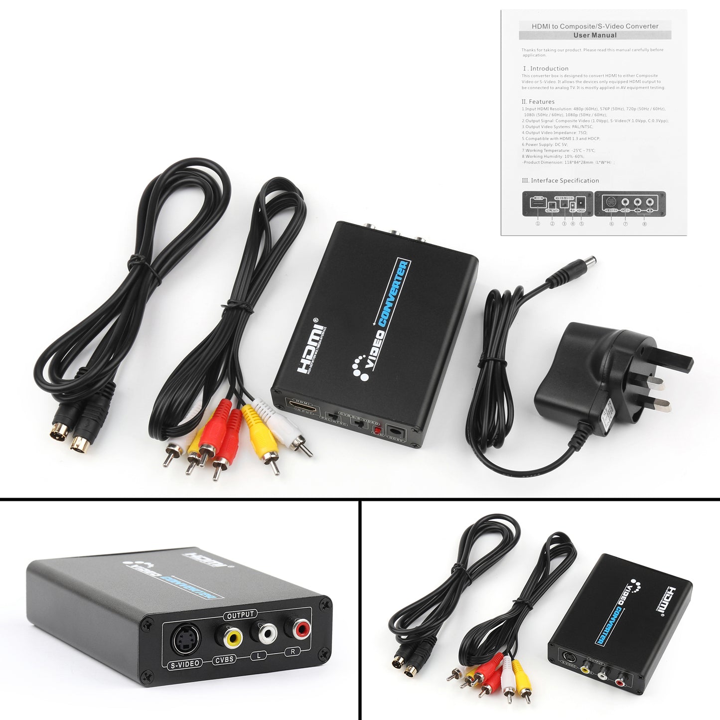 HDMI to 3 RCA AV+S-Video CVBS Composite R/L Audio 1080P Converter UK Plug Power