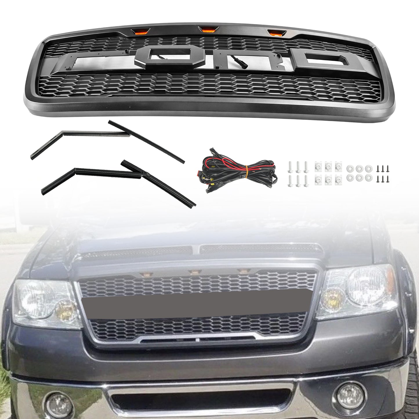 Raptor Style Front Mesh Hood Grille Grill Fit Ford F150 2004-2008 With LED