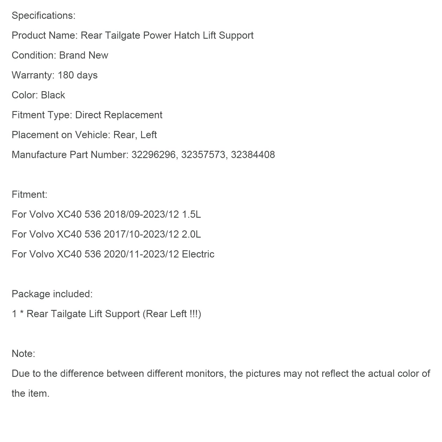 2020/11-2023/12 Volvo XC40 536 Electric Rear Left Electric Tailgate Gas Strut 32296296