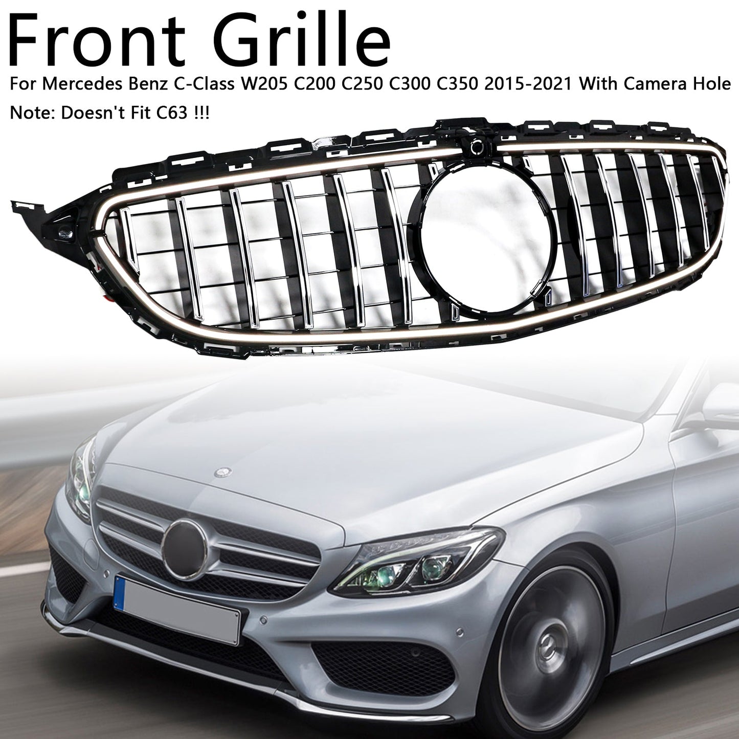 2015-2021 Mercedes W205 C250 C300 W/LED Chrome Front Bumper Grill Grille