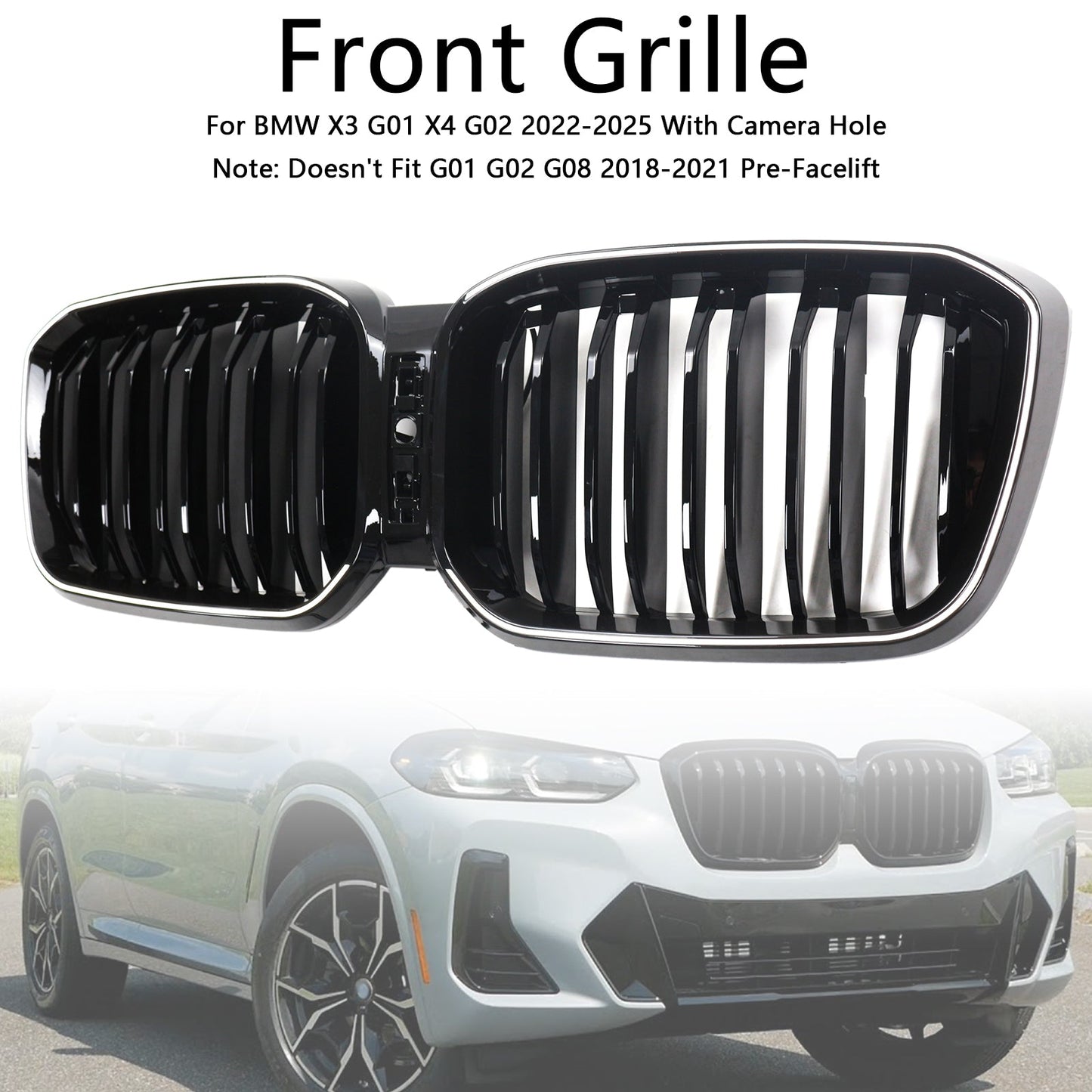 2022-2025 BMW X3 G01 X4 G02 Double Slat Glossy Black Bumper Kidney Grille