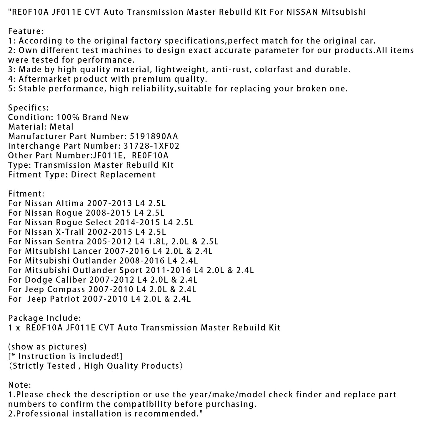 2007-2010 Jeep Patriot L4 2.0L & 2.4L CVT Auto Transmission Master Rebuild Kit RE0F10A JF011E 5191890AA