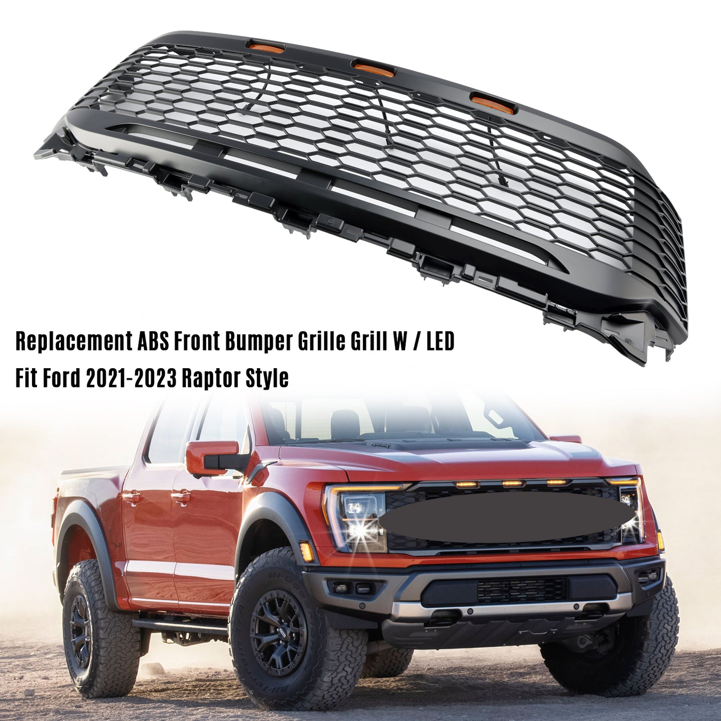 Replacement ABS Front Bumper Grill Grille Fit Ford F150 2021-2023 Raptor W/ LED