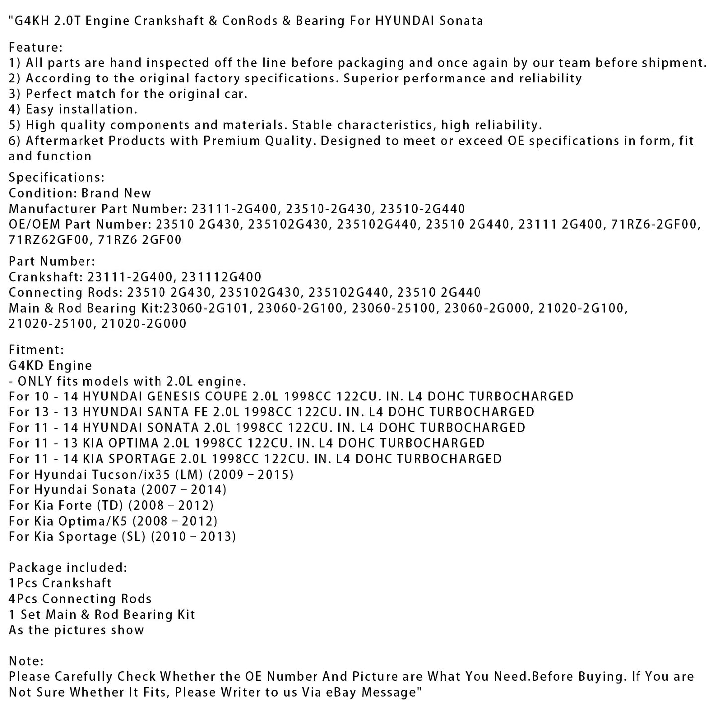 HYUNDAI Sonata G4KH 2.0T Engine Crankshaft & ConRods & Bearing