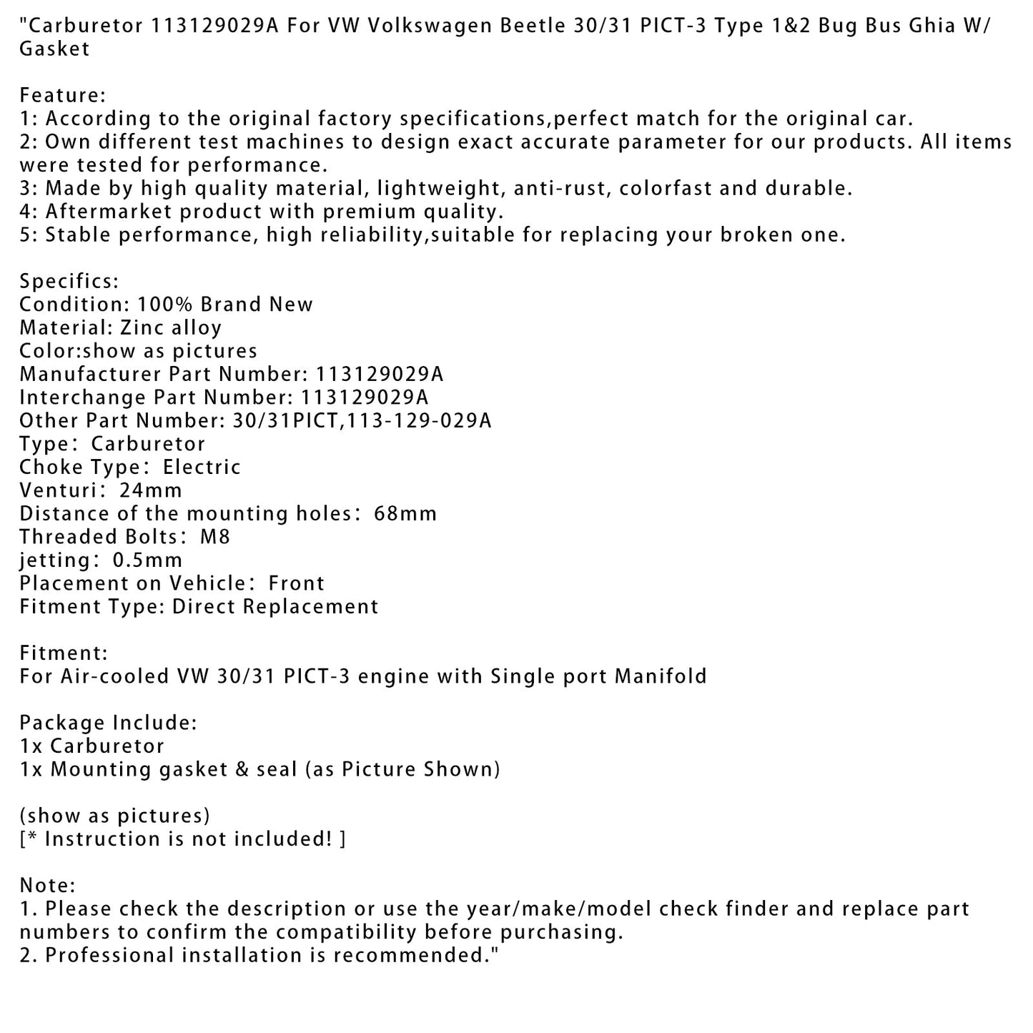 Carburetor 113129029A For VW Beetle 30/31 PICT-3 Type 1&2 Bug Bus Ghia W/ Gasket