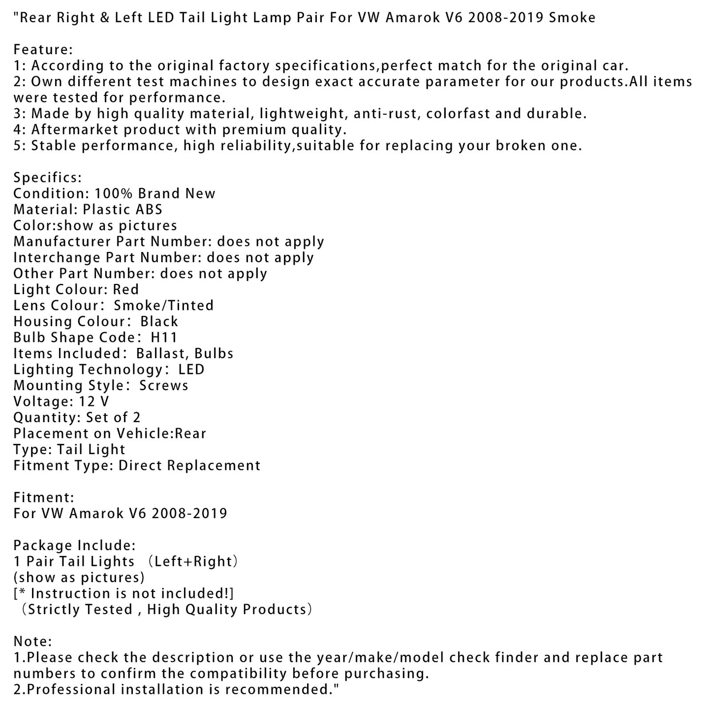 2008-2019 VW Amarok V6 Rear Right & Left LED Tail Light Lamp Pair Smoke