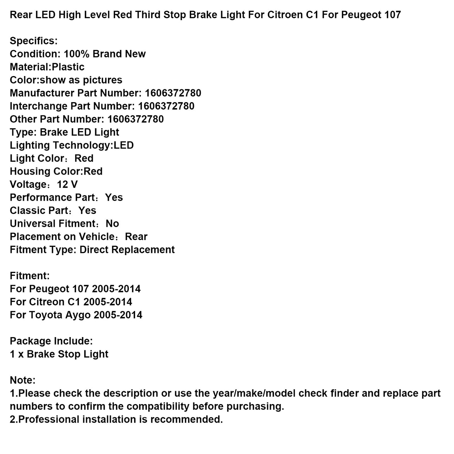 Rear High Level Red Third Stop Brake Light For Citroen C1 For Peugeot 107